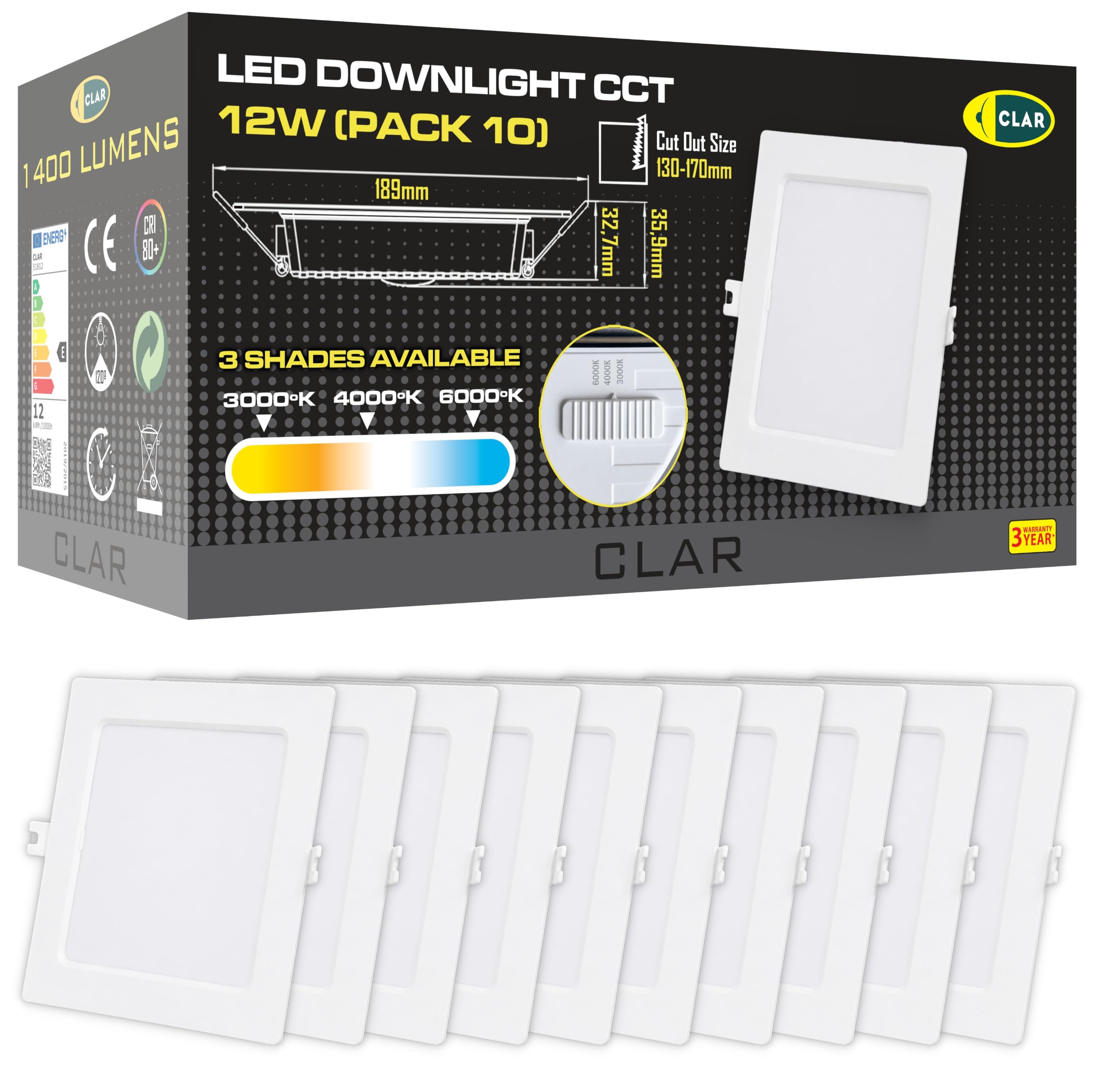 CLAR – Faretto quadrato da incasso 12 W, Downlight per bagno, lampadario moderno per ufficio o camera da letto, CCT (3000ºk-4000ºk-6500ºk) (Pack 10)