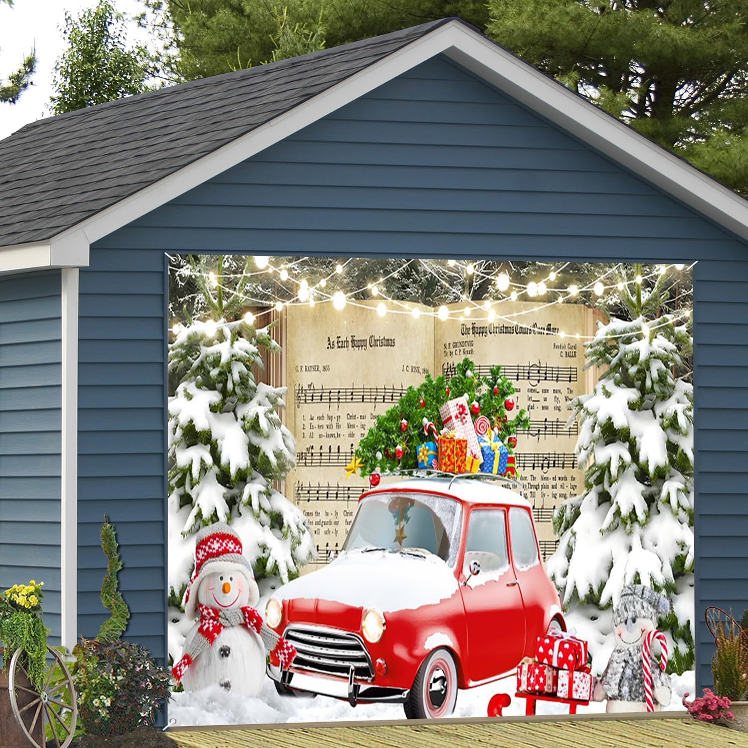 7x8ft Christmas Red Car Garage Door Decor Snow Covered Xmas Trees Winter Cute Snowman Gift Box Holiday Party Garage Door Cover for New Year Family Party Background