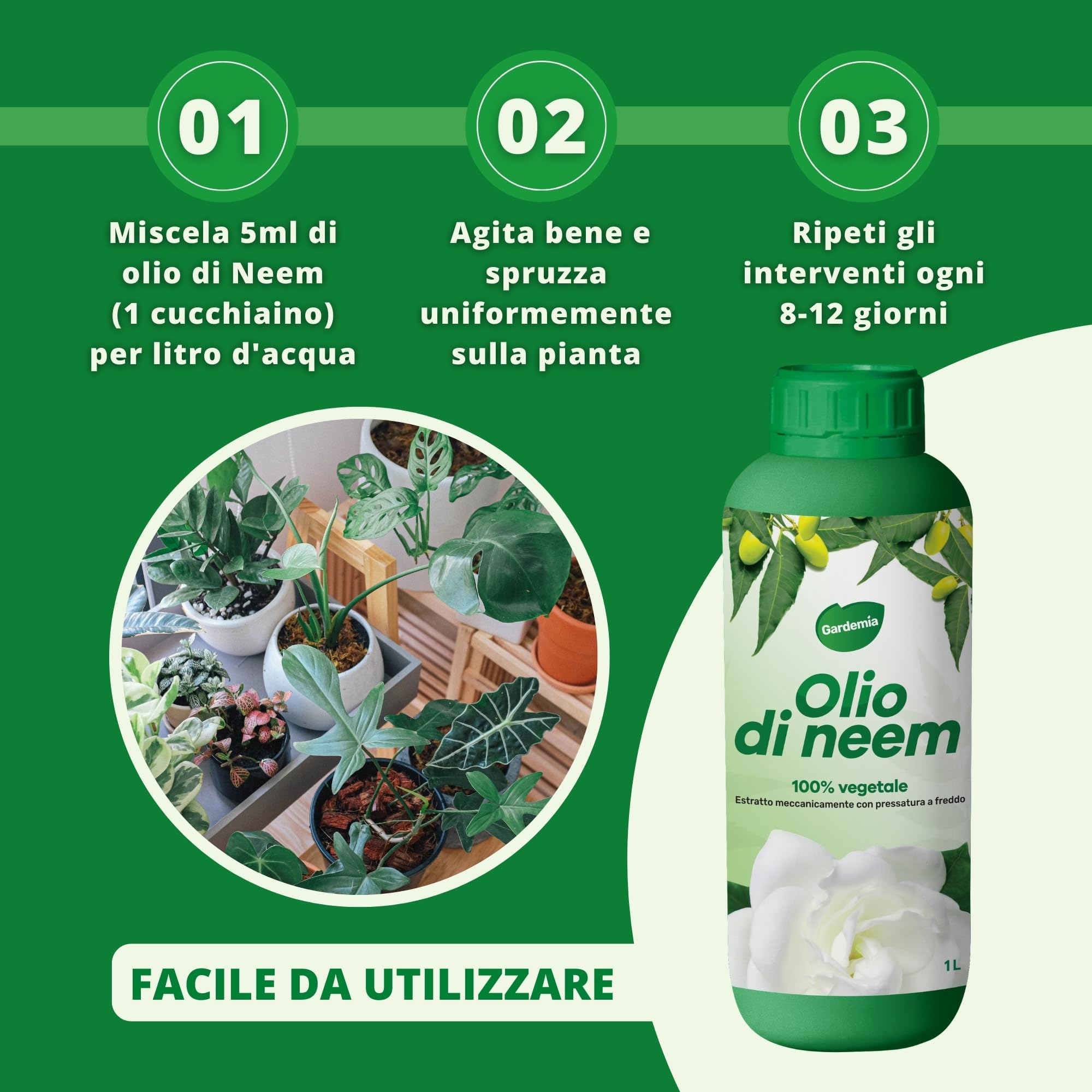 Gardemia Olio di Neem per Piante 1 Litro 100% Vegetale Azione Naturale contro varie Avversità Giardino Multiuso Concentrato Estratto Meccanicamente Pressatura Freddo Straordinarie Proprietà Naturali