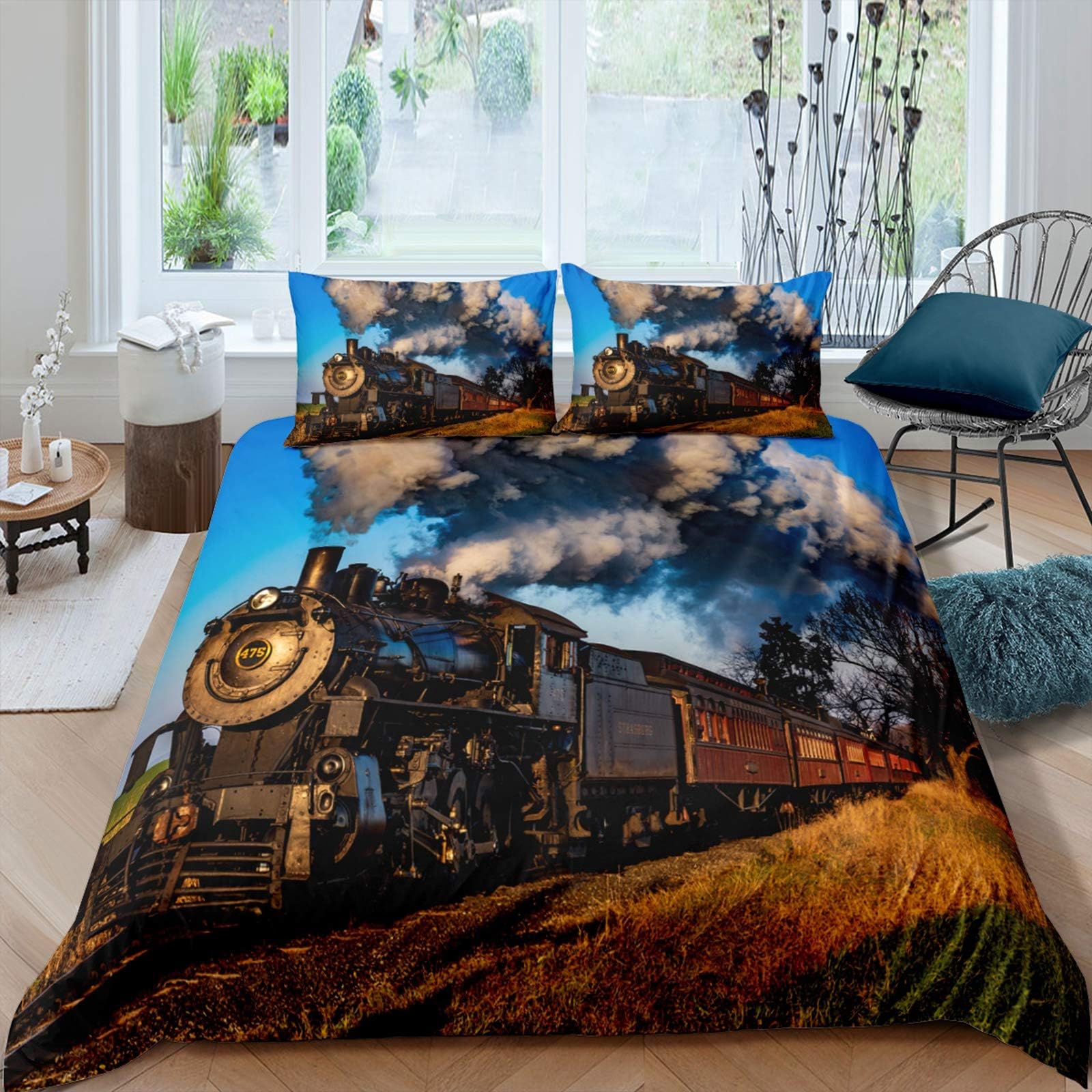 Steam Engine Bedding Set 2 PCS Old Steam Train Country Scenery Comforter Set Soft Microfiber Blue Duvet Cover Girls Boys Kids Teens Woman Man Room Decor,1 Duvet Cover 1 Pillow Shams,Twin Size