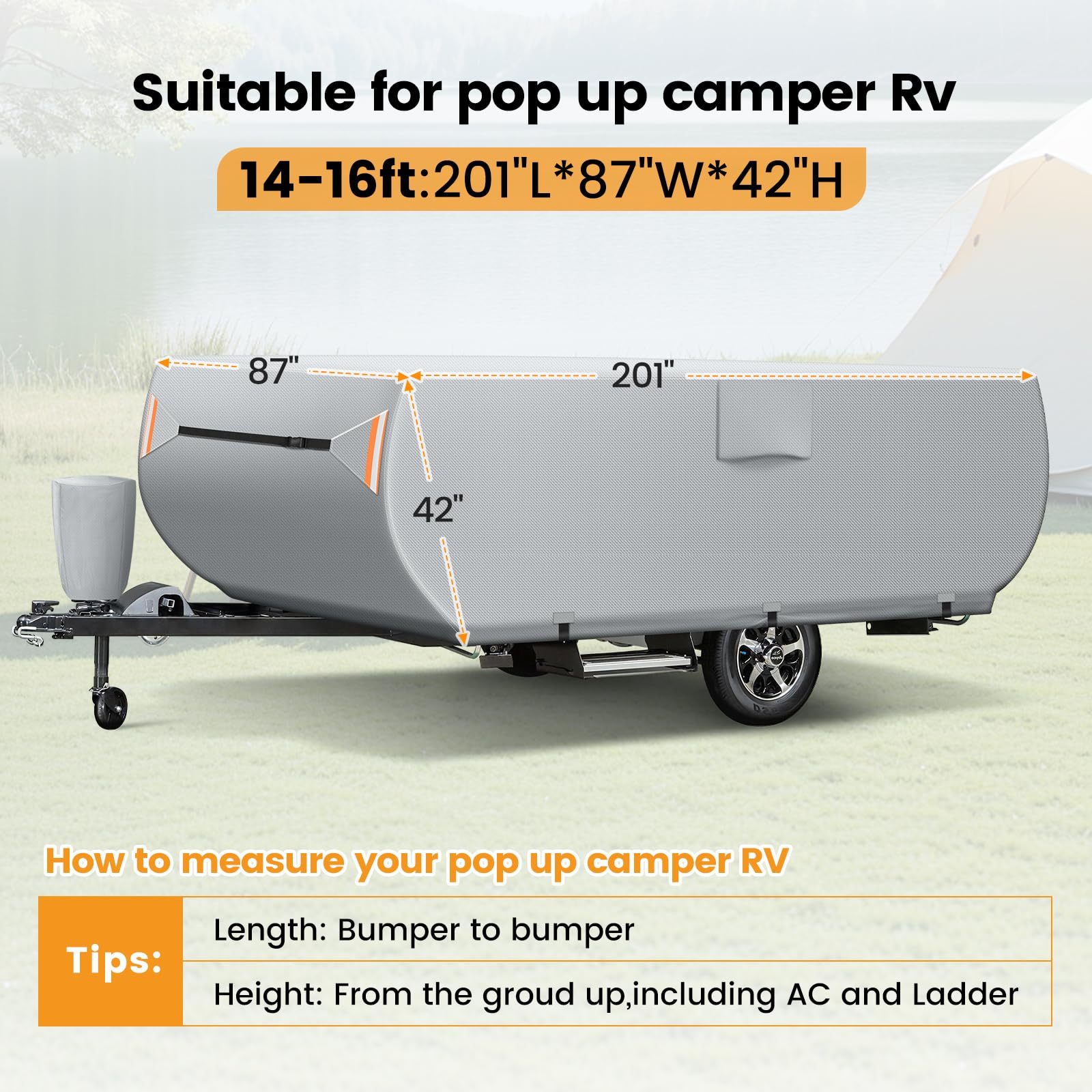 Cubierta plegable para remolque y caravana de 14 a 16 pies, protección mejorada resistente al agua Ripstop con 3 correas inferiores, protección contra rayos UV y resistente al viento para todas