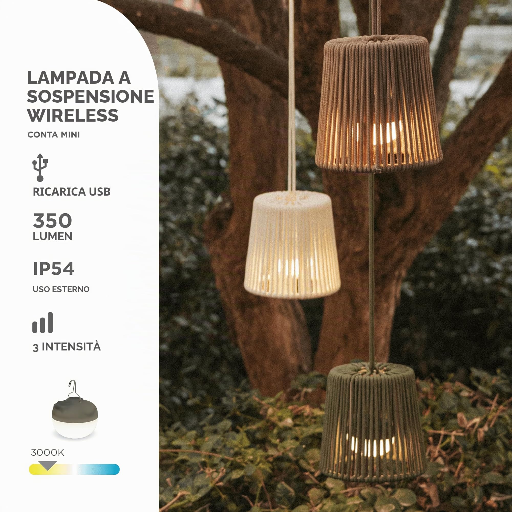 newgarden - CONTA MINI HANG Lampada a sospensione portatile LED decorativa con telecomando e batteria ricaricabile tramite USB. Decorazione per interni ed esterni