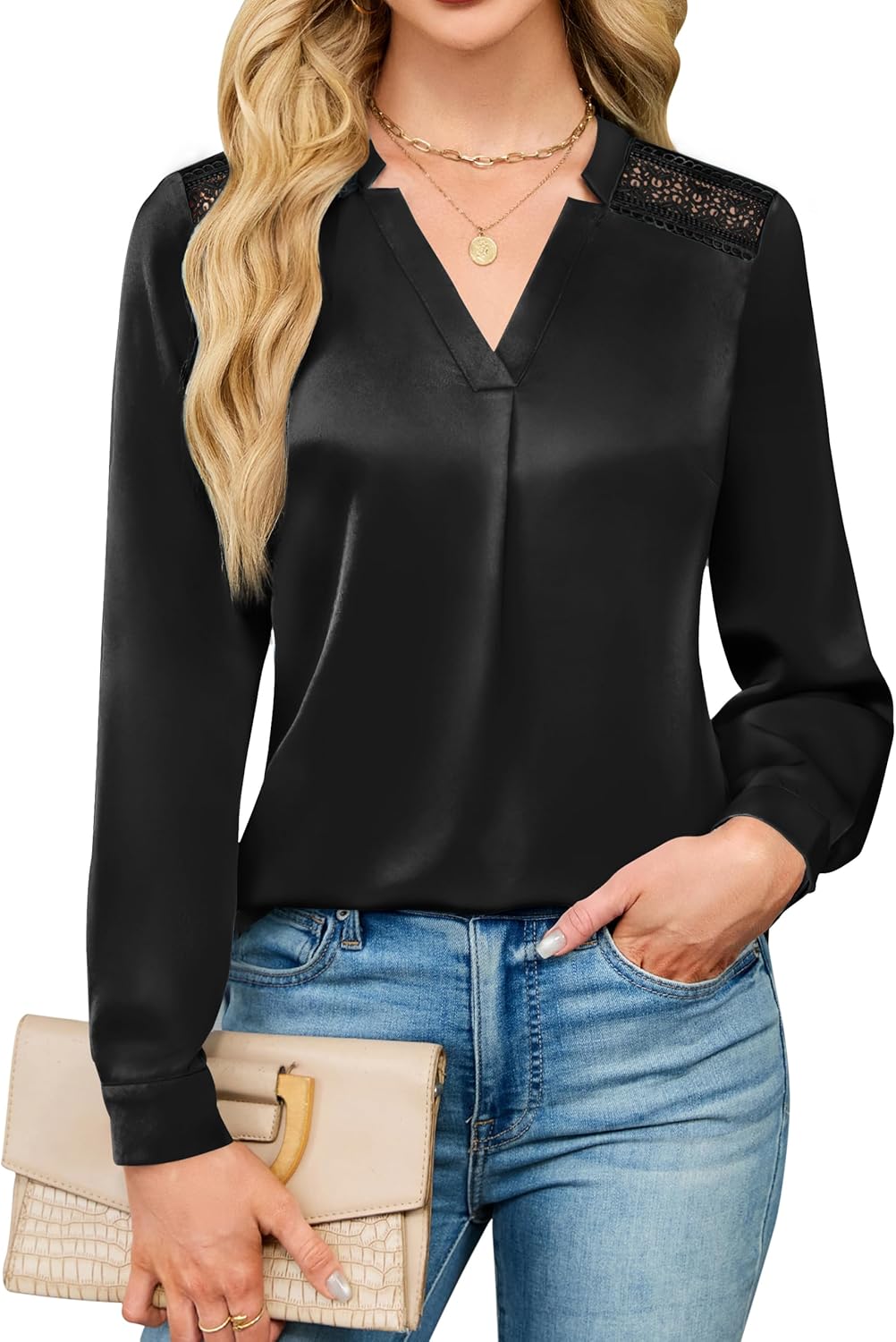 Blooming Jelly Womens Silk Business Dressy Casual Blouse Lace V Neck Long Sleeve Tops Work Shirt Fall Outfit 2025 Trendy