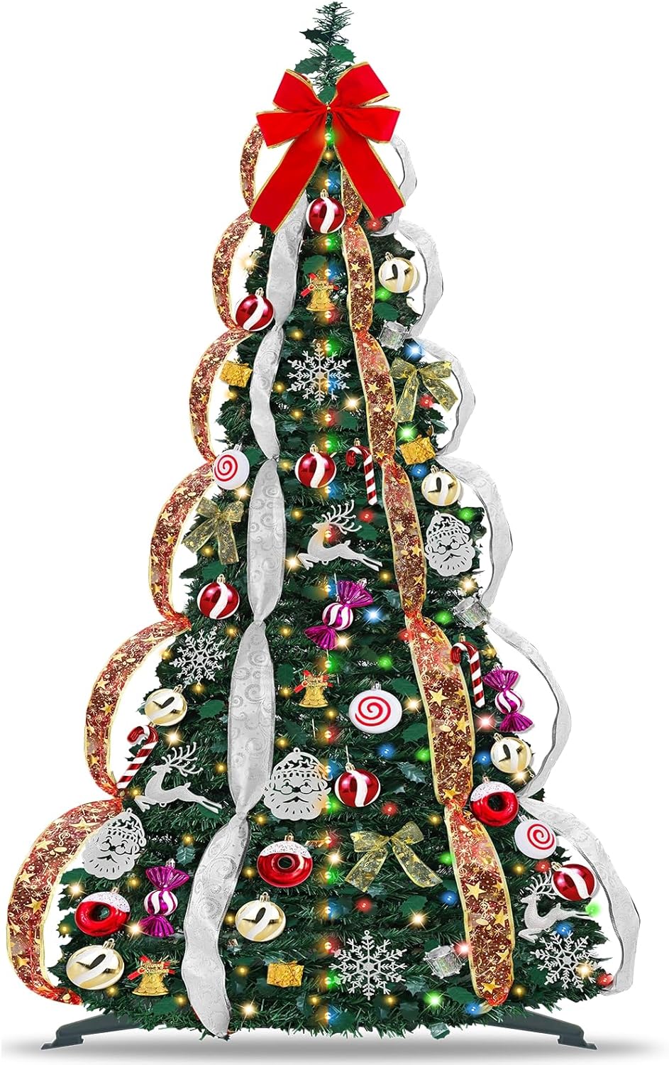 6.5 FT Prelit Pop Up Christmas Tree with 220 Warm White & Multicolor Lights 8 Modes & Timer Fully Decorated 103 Ornaments, Collapsible Pull Up Christmas Tree with Lights for Indoor Home Party Decor 6ft 6in