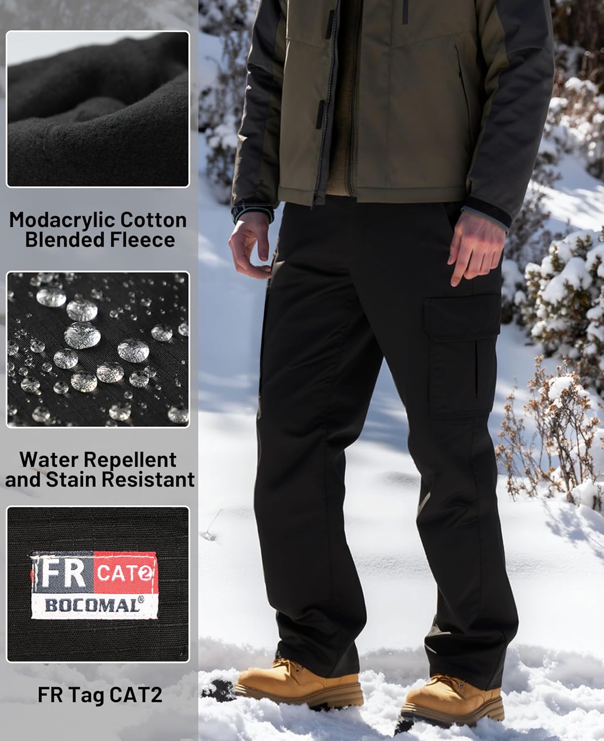 BOCOMAL FR Cargo Pants for Winter Modacrylic Cotton Fleece Lined Strecth Ripstop Fire/Water/Stain Resistant Work Outwear - Image 3