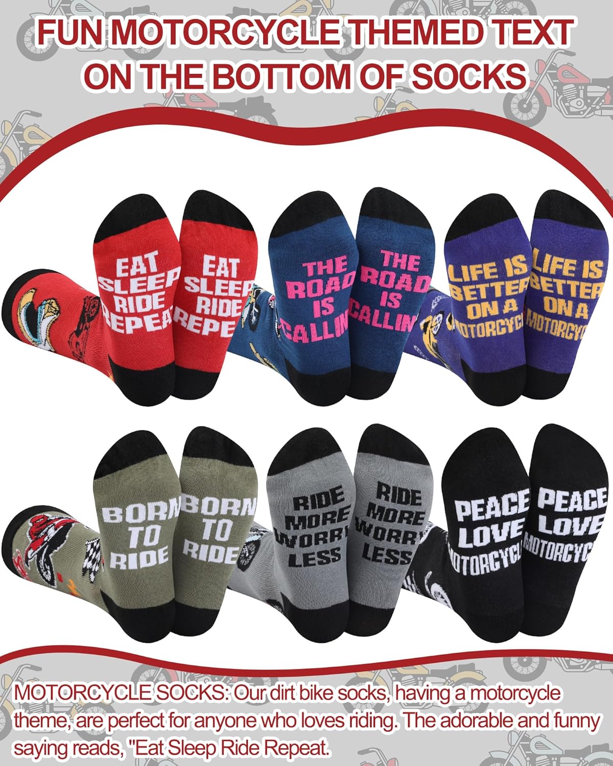 6 Pairs Funny Motorcycle Socks for Men Novelty Cotton Crew Dress Socks Birthday Gift for Dirt Bike Rider Motorcycle Lovers - Image 2