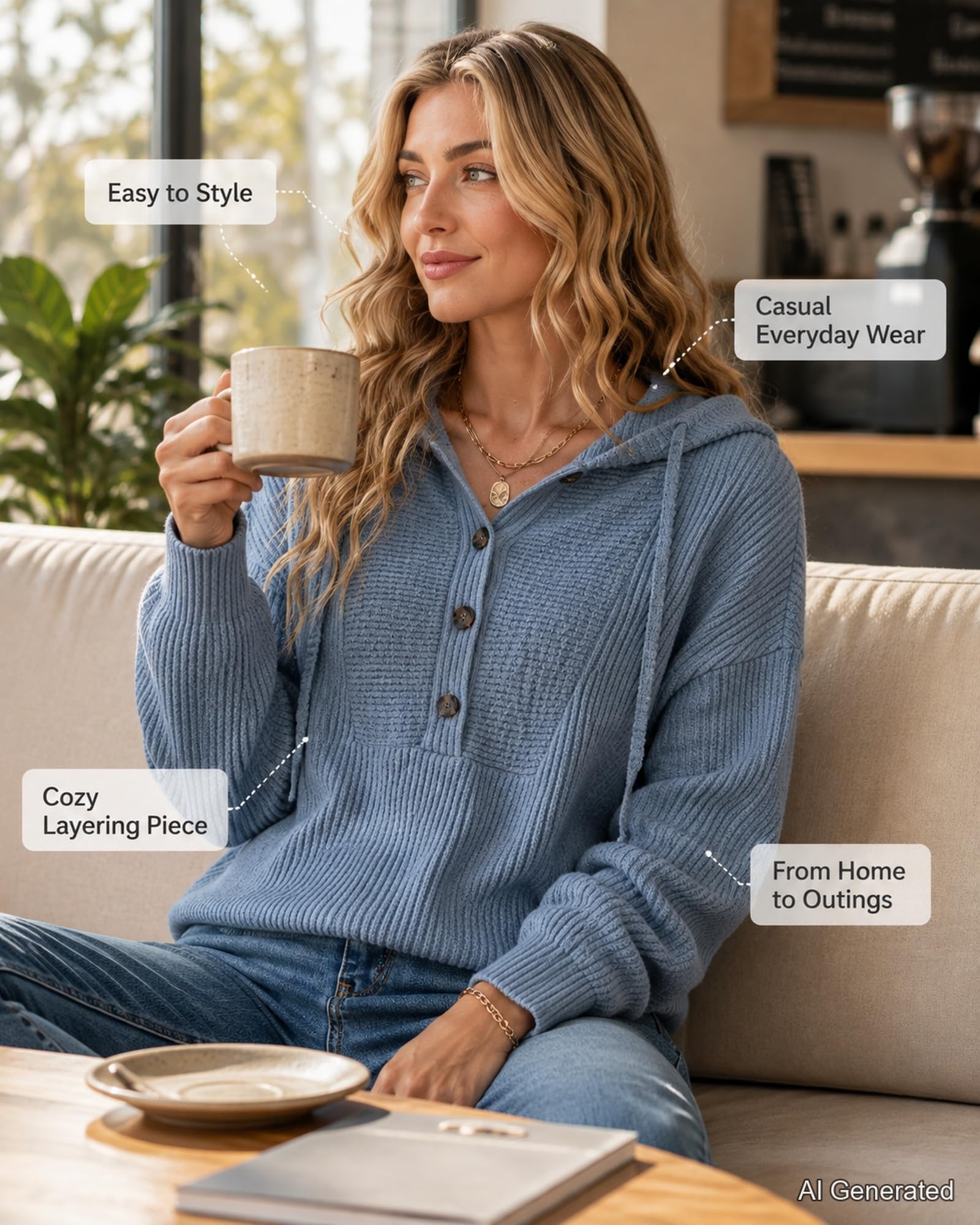 Damski sweter z kapturem Henley prążkowany sweter z długim rękawem i | Henley Inspirowany Dekoltem Plisa Guzikowa Prążkowana Tekstura Luźne Kroplone Ramiona Regulowany Kaptur Ściągacze Codzienne