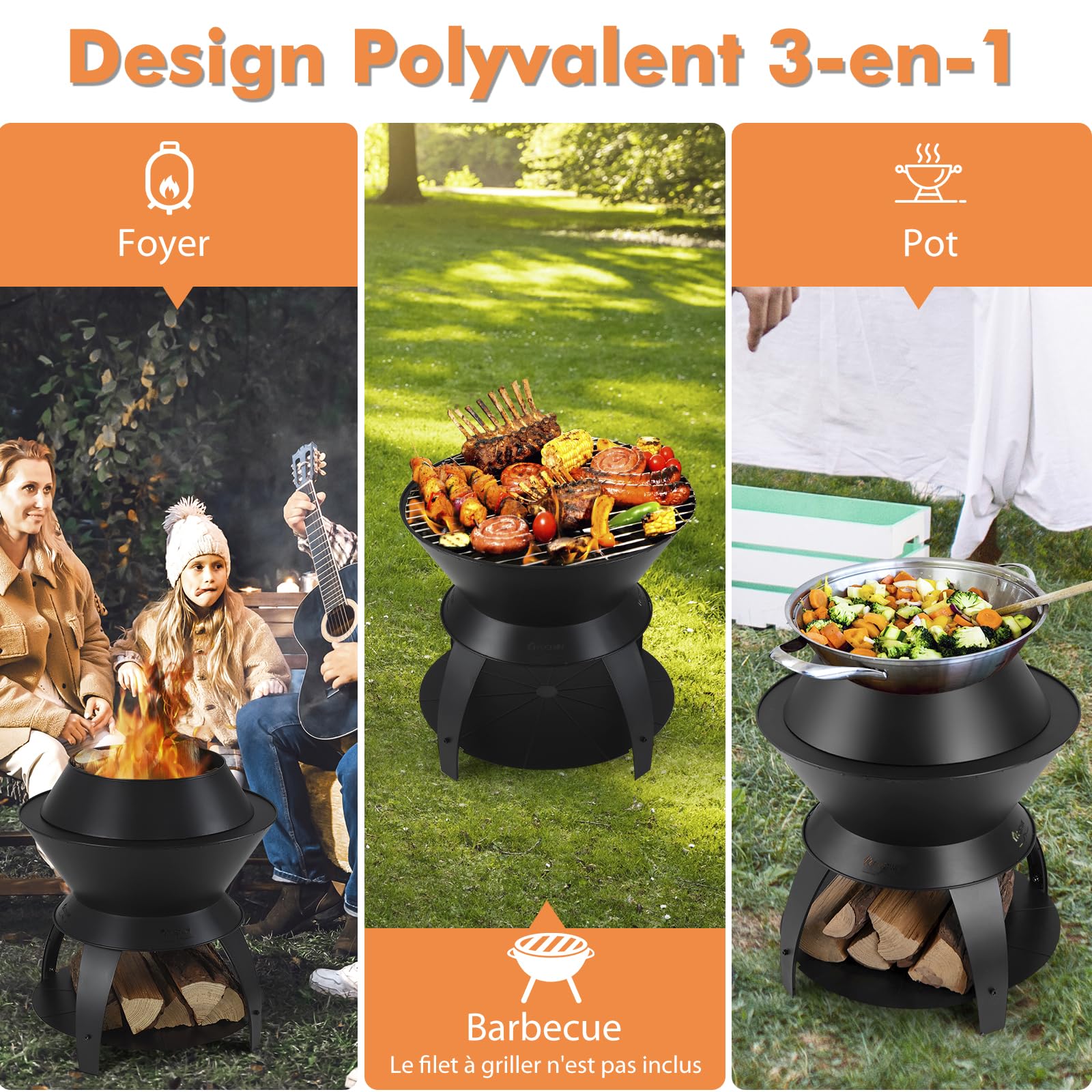 GYMAX Foyer Extérieur en Métal, Brasero Compact 3 en 1 avec Cendrier, Étagère Inférieure pour Rangement de Bûches, Trous pour Entrée d'air, pour Barbecue, Camping