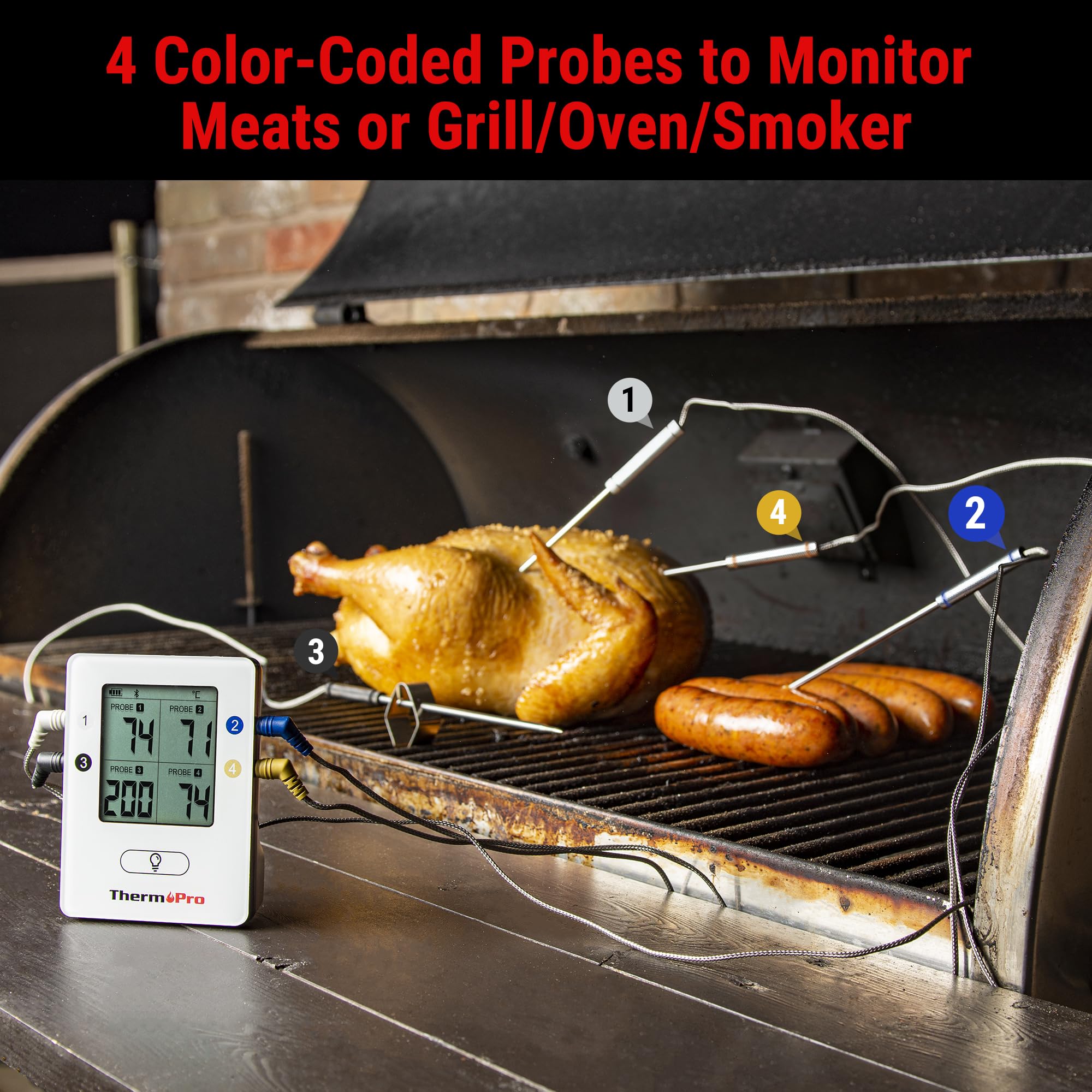 ThermoPro TempPro TP25Termometro Bluetooth per carne, con 4 sonde di temperatura, ricaricabile, termometro alimentare intelligente digitale wireless, per la cucina, barbecue, griglia, forno