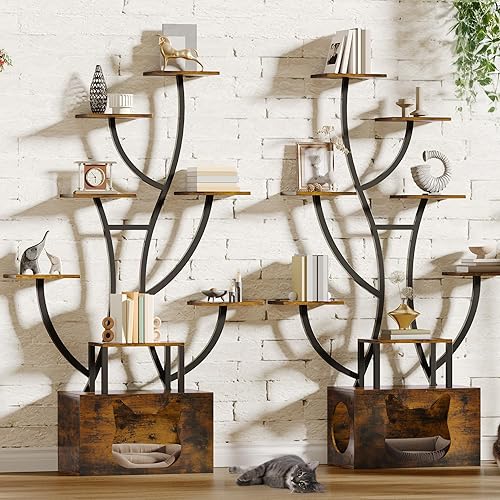 Miniatura 8 de YITAHOME Estantería alta con luz LED, estantería de árbol de diseño artístico con caja de arena para gatos, estantes únicos de 8 niveles para