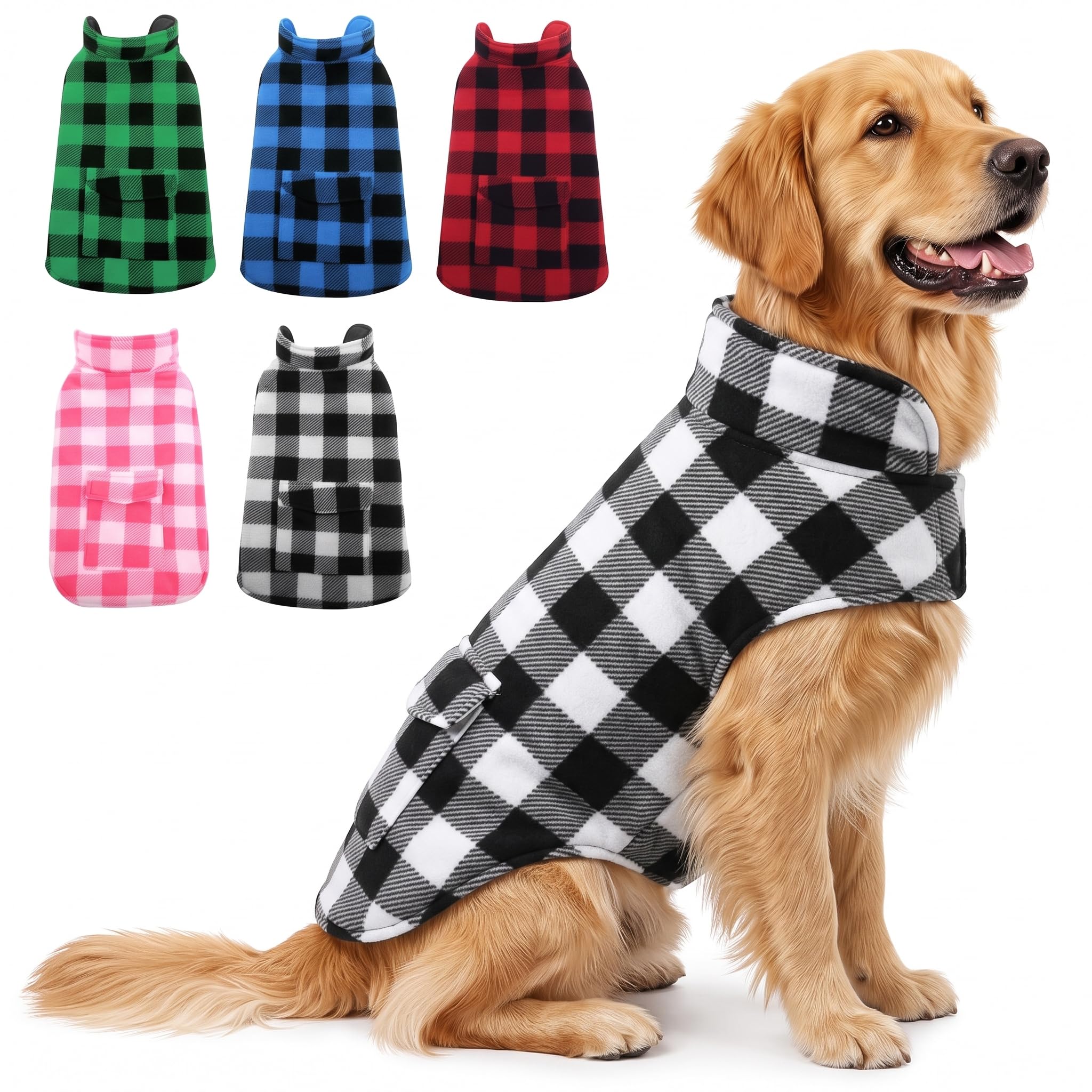 ASENKU Warm Waterproof Dog Coat Winter Fleece Dog Jackets Tartan Dogs Coat with Harness Hole Plaid Reversible Dog Vest for Small Medium Large Dogs XL