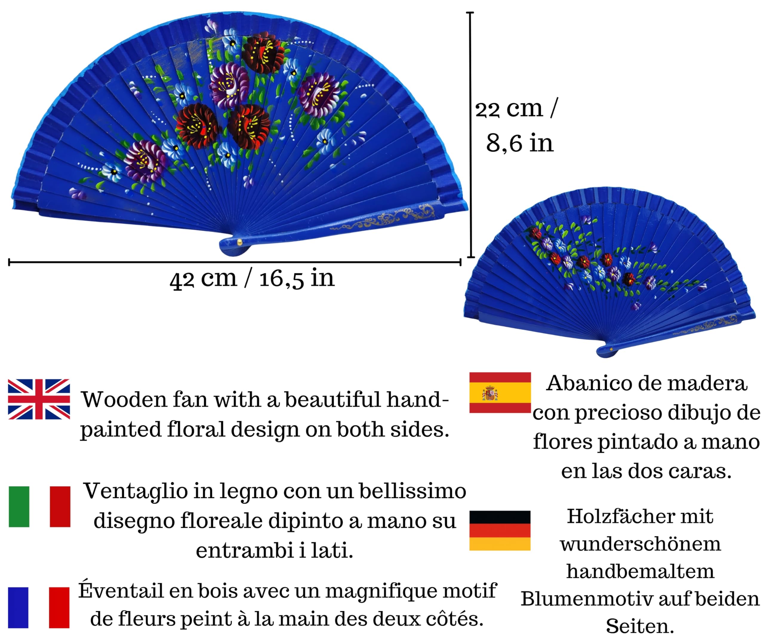 Ventaglio in legno con fiori dipinti a mano. Include una custodia artigianale realizzata in Spagna per proteggere il ventaglio. Magnete regalo con disegno di costumi spagnoli