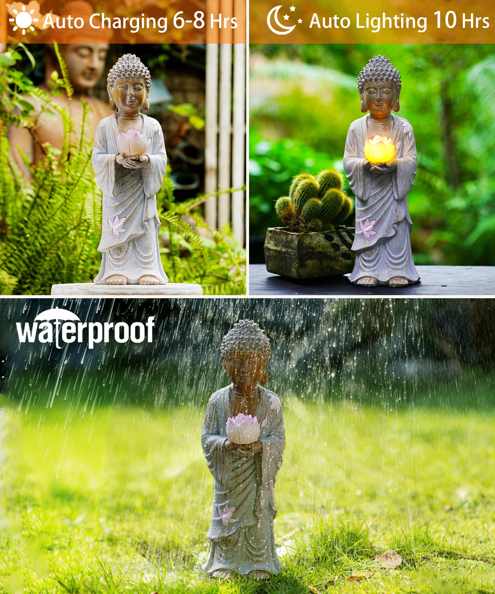 Yeomoo Figura de Buda de pie con LED solar de loto, decoración de jardín, resistente a la intemperie, para jardín, salón, Feng Shui, espiritual, regalo para mujeres, mamá y hombres, 37 cm