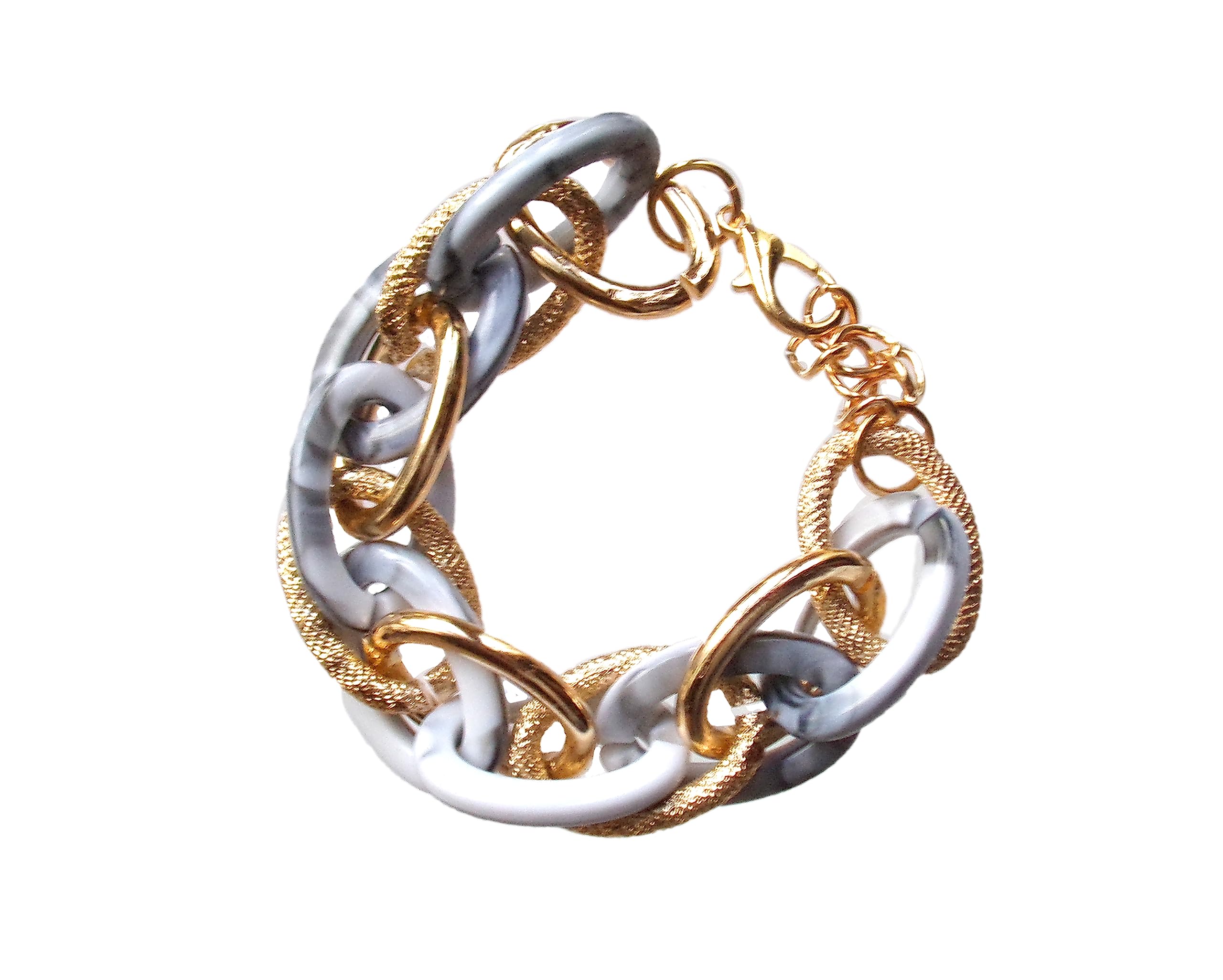White and gold link bracelet designed with shiny white acrylic links and gold plated links with a textured and shiny finish. 7.5 inches