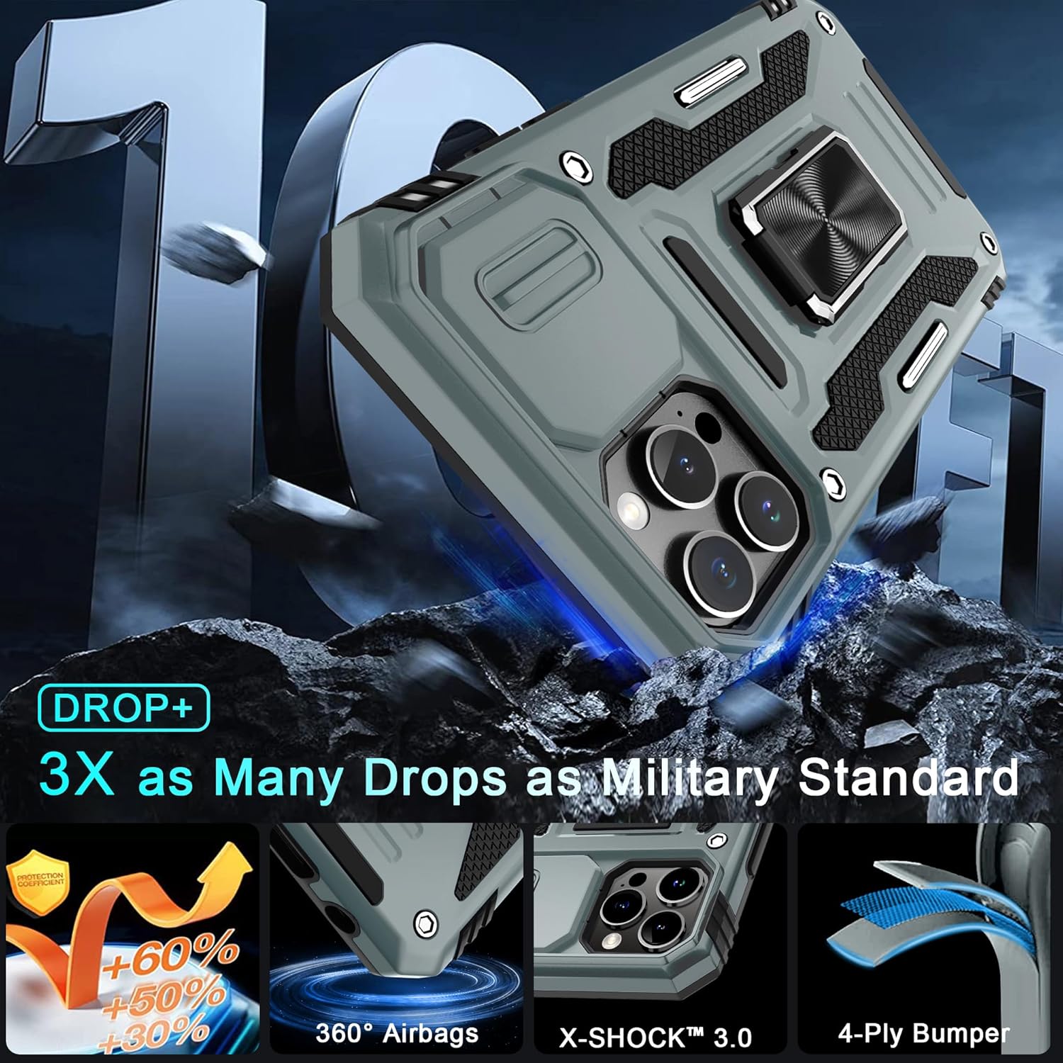 DEERLAMN Case for iPhone 12 Pro Max with Slide Camera Cover+Screen Protector(1 Pack),Rotated Ring Kickstand Military Grade Shockproof Protective Cover 6.7 Inch-Grey - Image 3