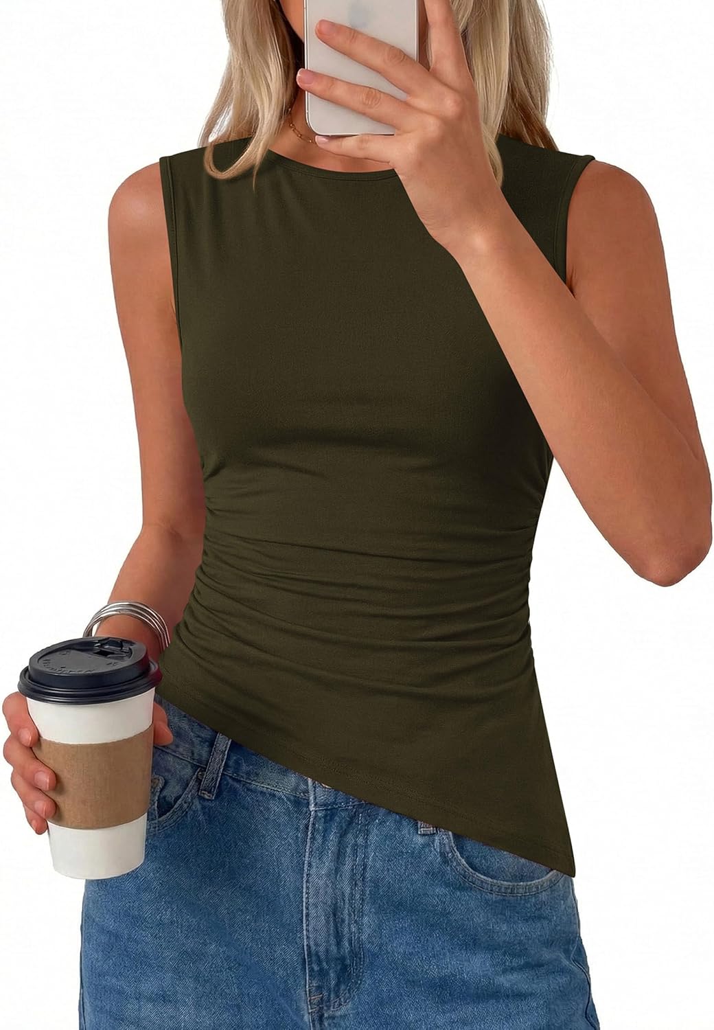 PRETTYGARDEN Womens Tank Top Spring 2026 Ruched Asymmetrical Going Out Top Slim Fit Sleeveless Shirts Summer Clothes - Image 6