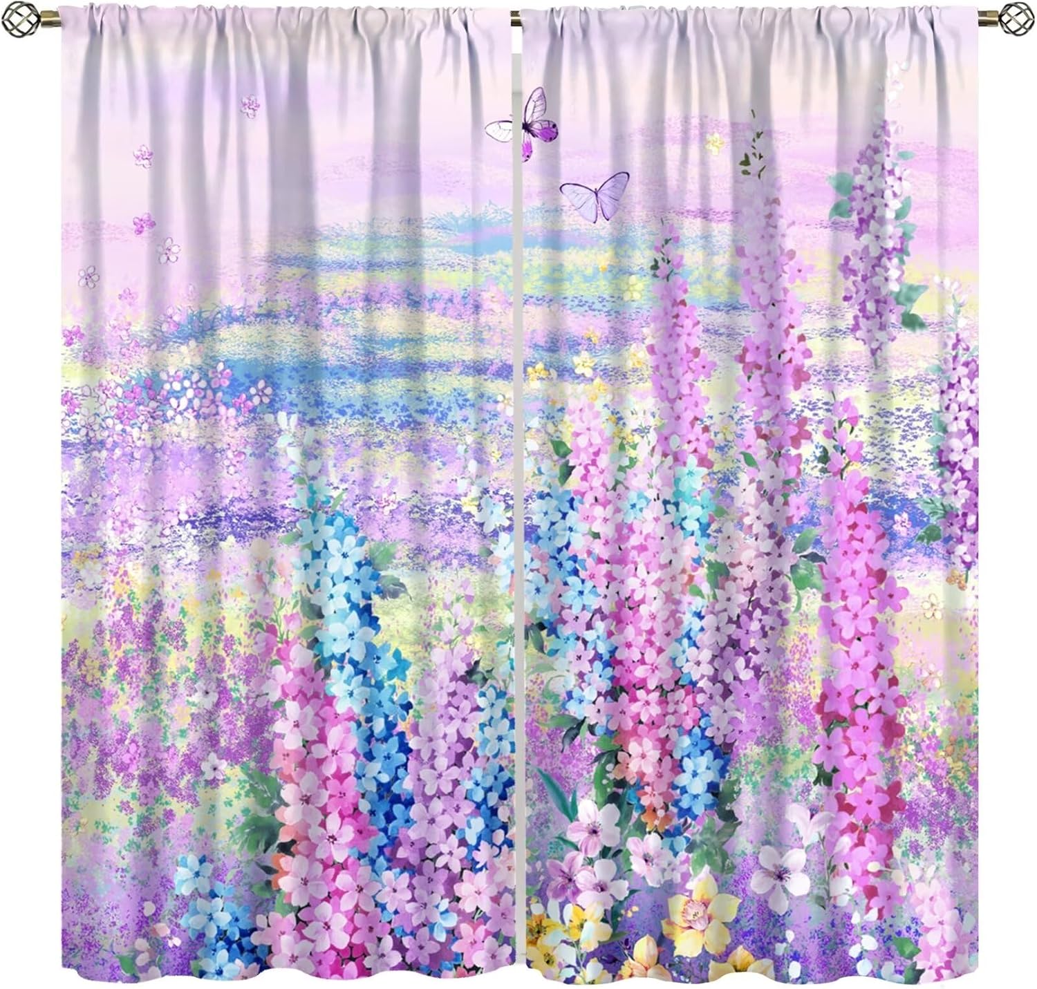Lavender Floral Curtains, Lavender Flower Purple Window Treatments for Living Room Girls Woman Room Window Drapes Set 2 Panels,42x63 Inches