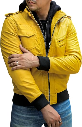 Jild Hooded 2.0 Leather Jacket Men - Genuine Lambskin Leather Bomber Jacket with Removable Hood for Mens Fashion
