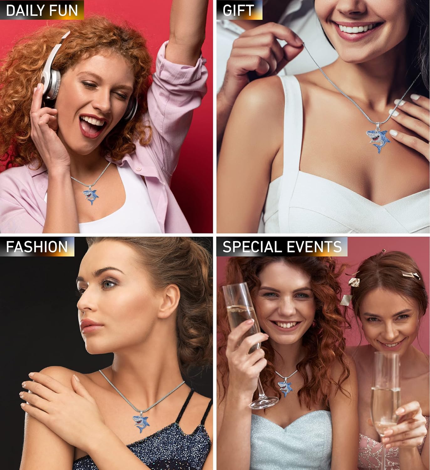 Silver Shark Sparkling Crystal Pendant Necklace - Cute Necklace with Shark Skull Head Sparkly Jewelry, Elegant Ocean Life Animal Silver Charm Necklace - 18 Inches - Image 3