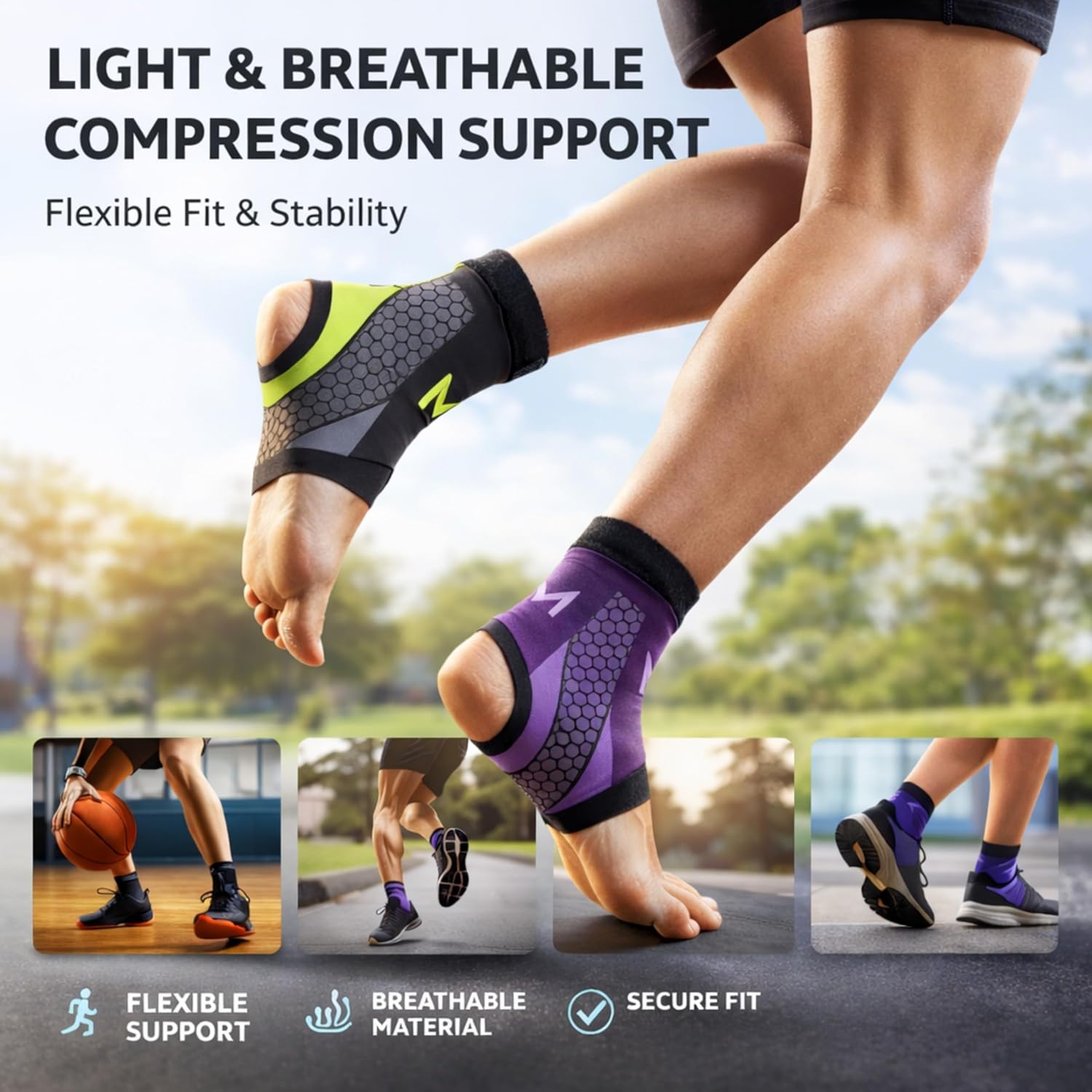 1 Pair Adjustable Ankle Brace with Figure-8 Straps, Breathable Compression Support for Running, Basketball, Workout & Daily Wear, Lightweight Stabilizer Fits Inside Shoes for Men & Women (grey+purple+green)
