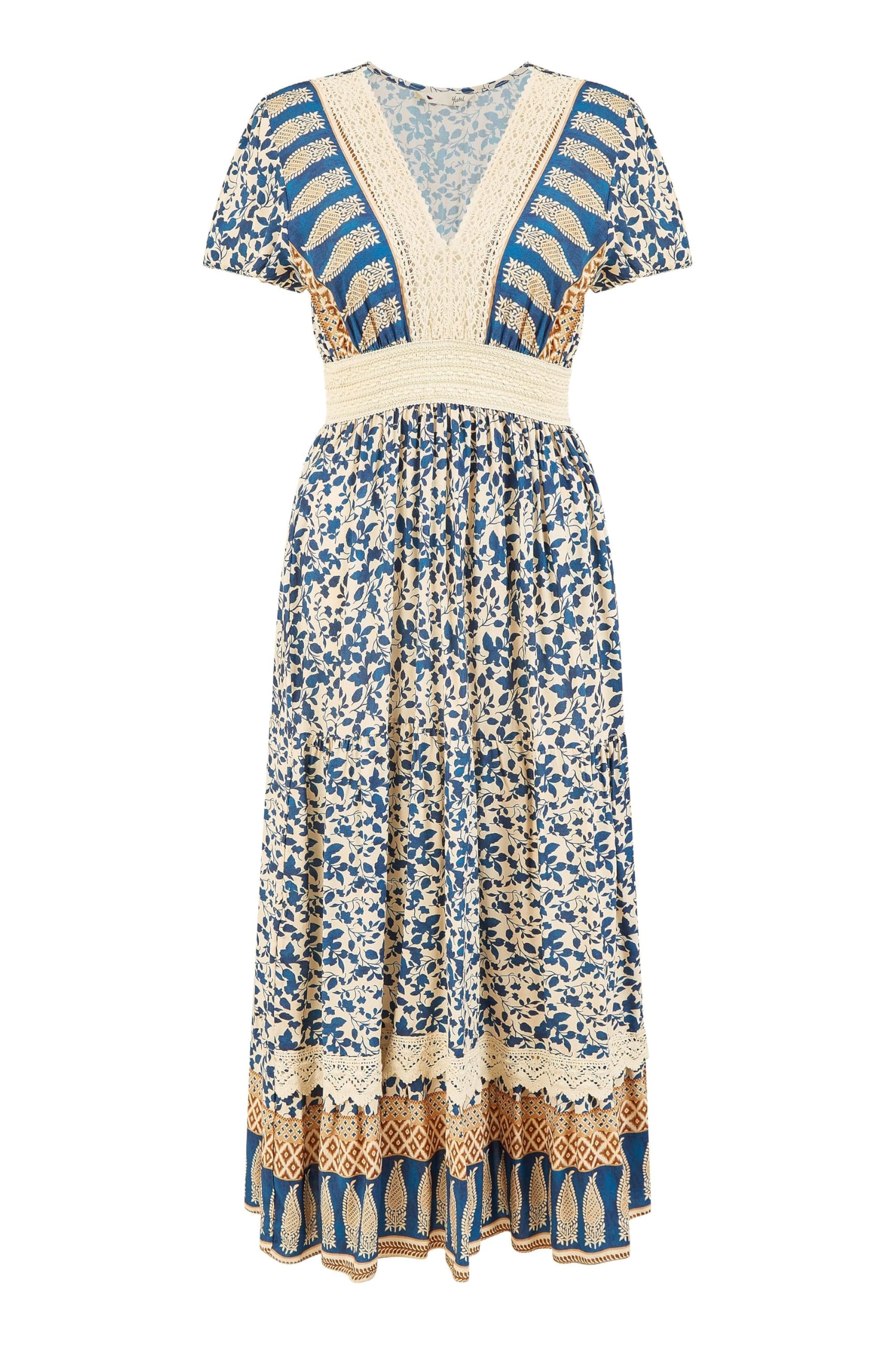 Yumi Women's Blue Navy Viscose Leaf Print Maxi Dress With Lace Trim - Size 10 Uk