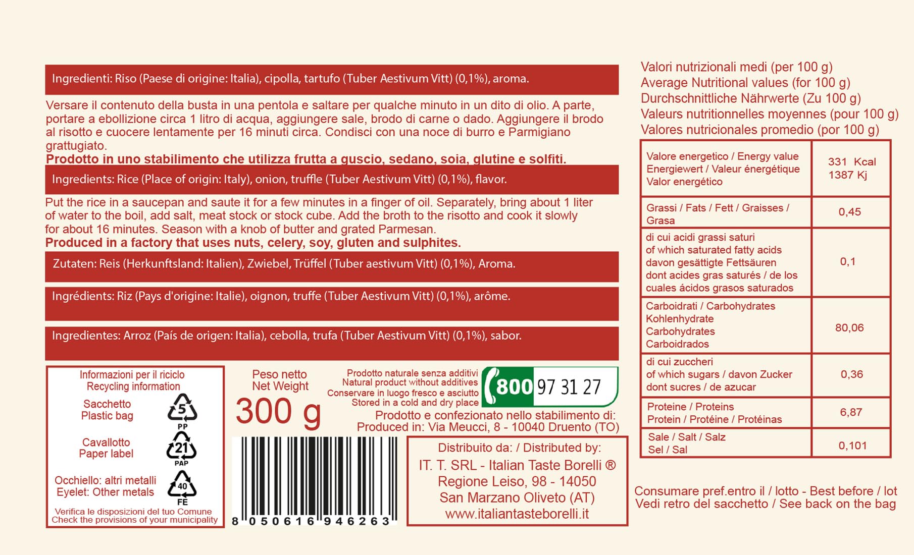 SET 5 RISOTTI AL TARTUFO - confezione da 5 buste sottovuoto - singolo pezzo 300 g - ricetta tipica piemontese - Italian Taste Borelli