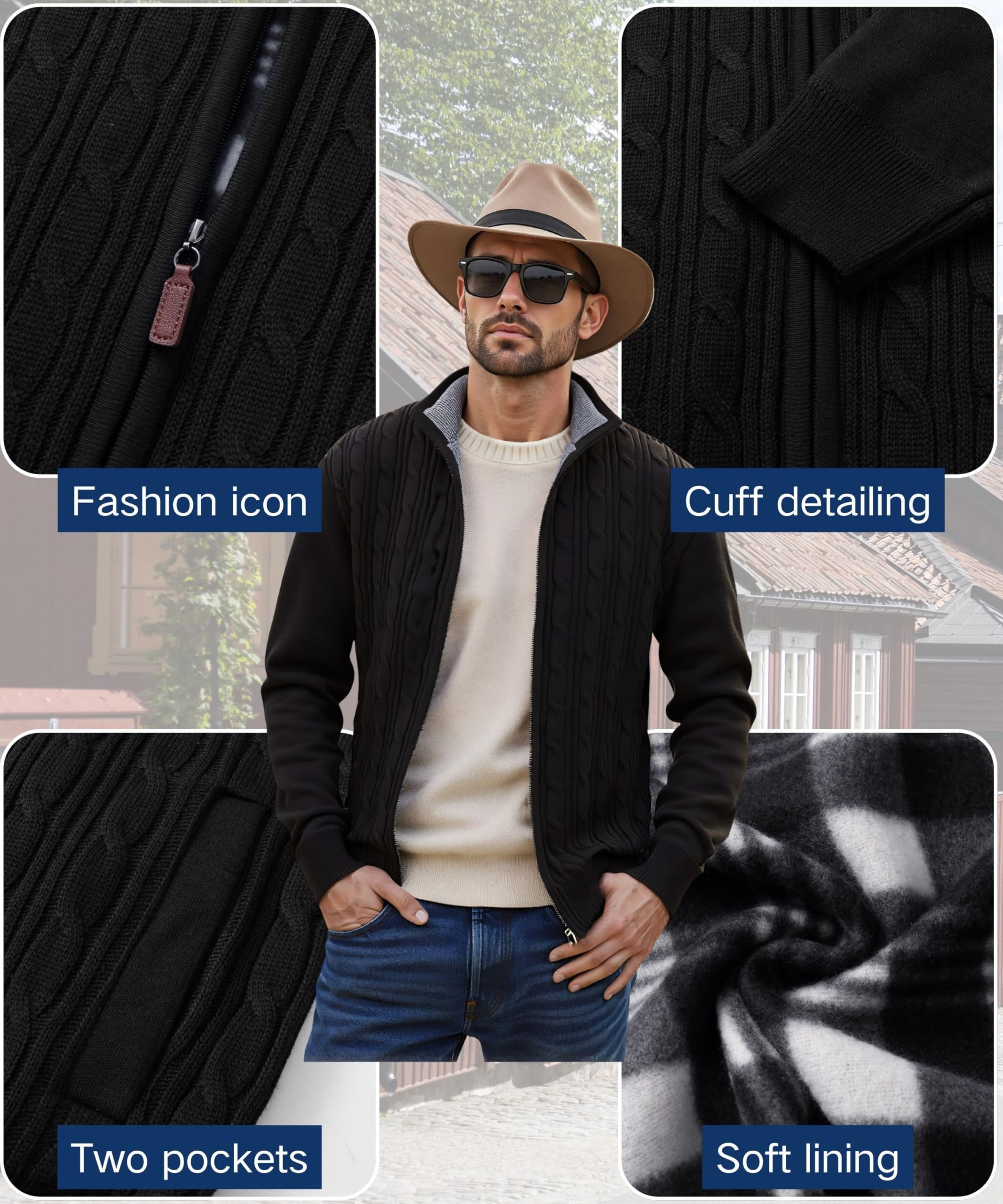 Cárdigan para Hombre Cuello Alto Cremallera Forro Polar Chaqueta Invierno Punto Fino