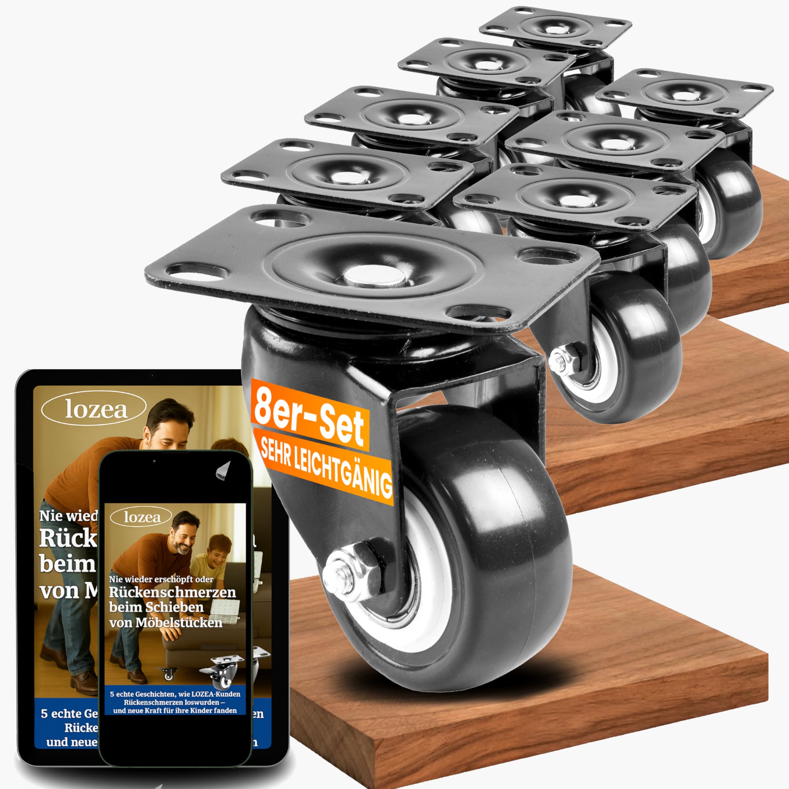 8er-Set Schwerlastrollen in 50mm, 800kg Tragkraft & leichtgängigen Rollen ohne Bremse für müheloses Verschieben schwerer Lasten wie Strandkorb, Werkbank & mehr + Gratis E-Book mit Profi-Tipps