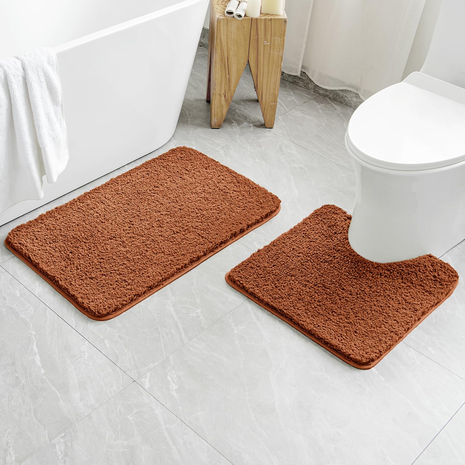 MIULEE Burnt Orange Microfiber Bathroom Rugs and Mats Sets 2 Pieces Extra Thick Non Slip Bath Mat and U-Shaped Contour Toilet Rug for Bath Room Floor