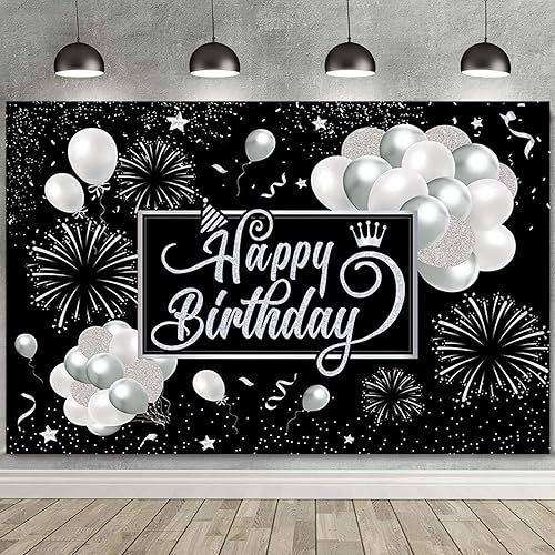 Miniatura 5 de Cartel de fondo de feliz cumpleaños negro y plateado, letrero de feliz cumpleaños, globo con purpurina, fuegos artificiales, telón de fondo para