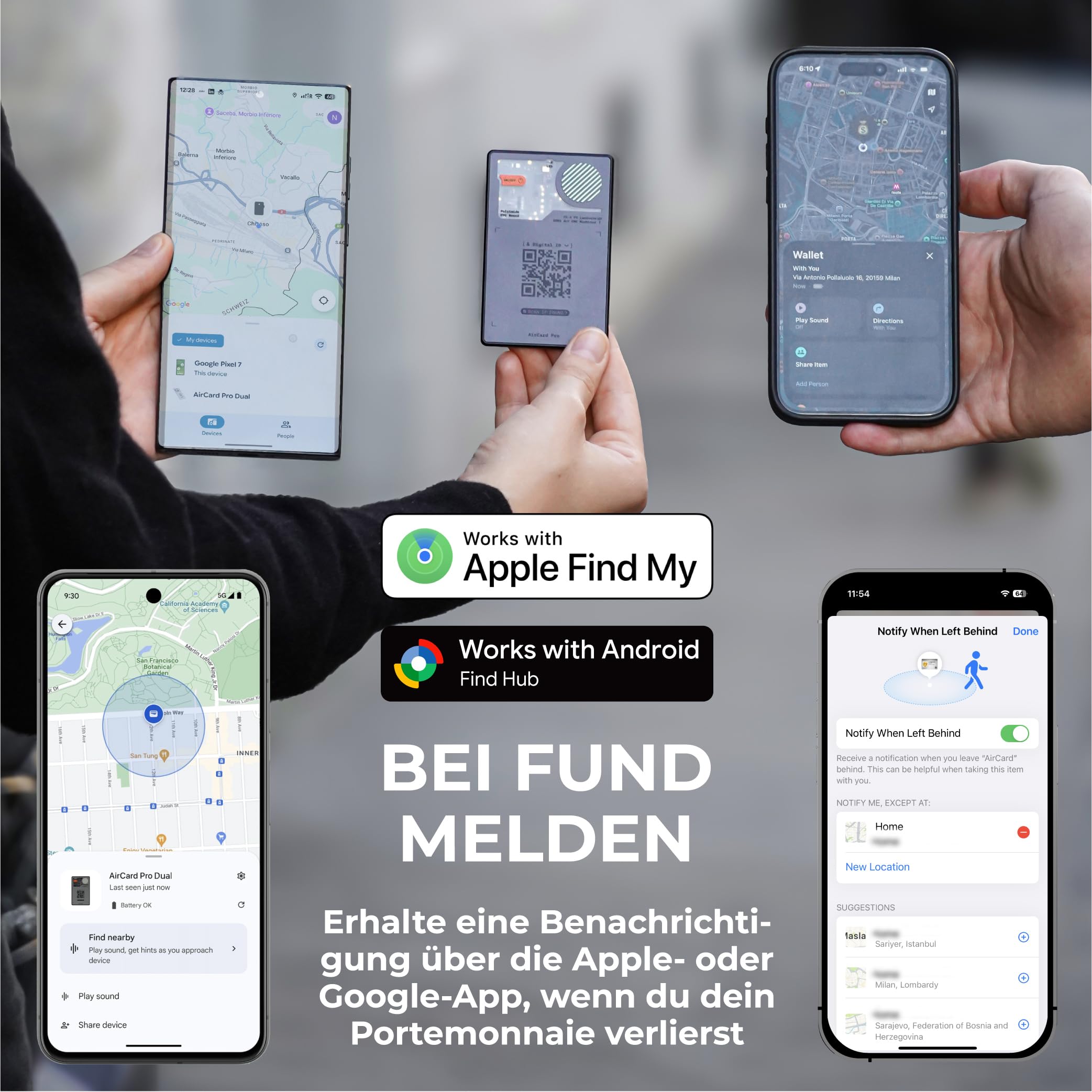 Rolling Square AirCard Pro Dual – Wallet Tracker Android und Apple Tracking Card Kompatibel mit Apple Find My und Google Android Find Hub, Schlüsselfinder mit Kabellosem Laden Gadgets Technik Grau