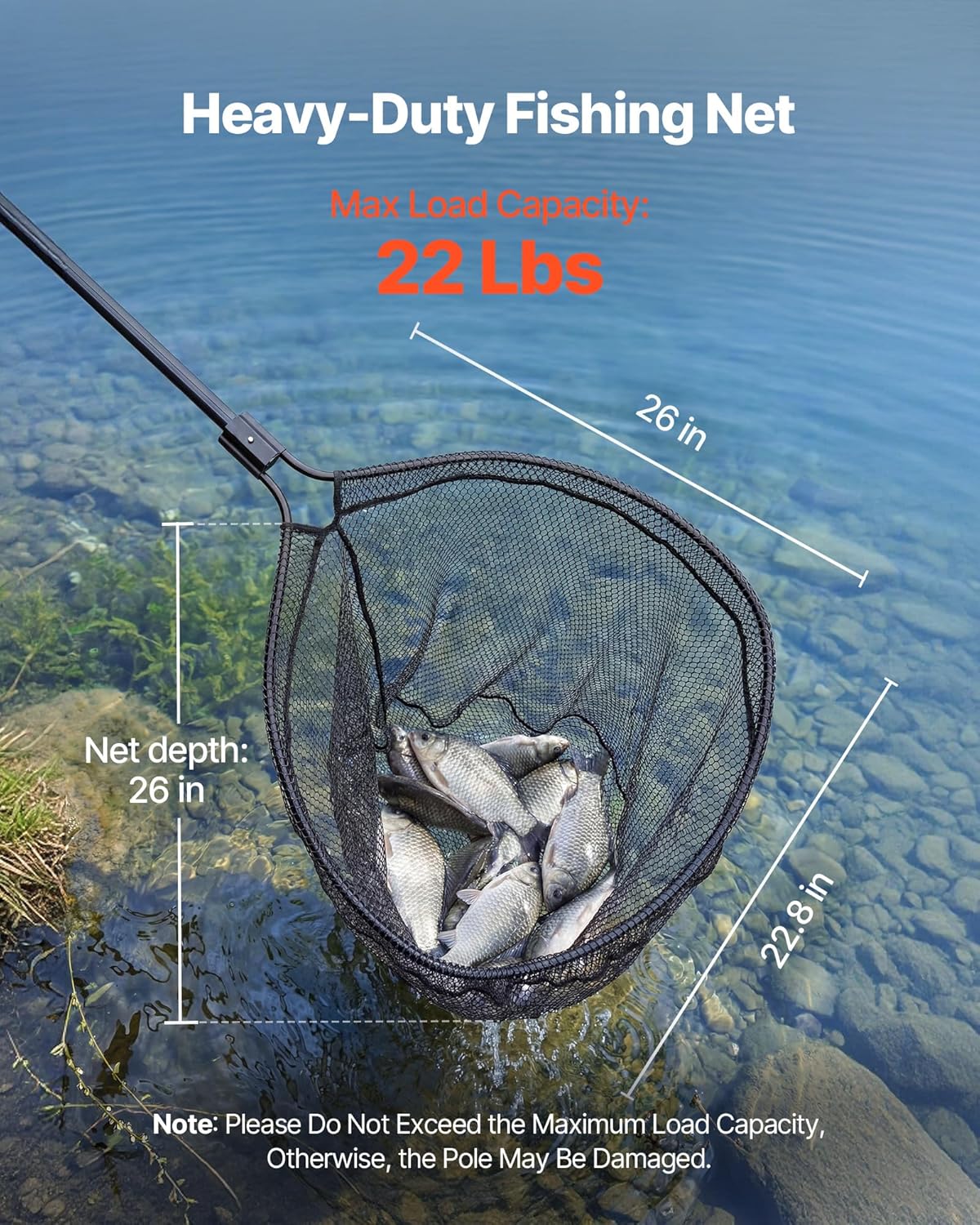 VEVOR Fishing Net, Landing Nets with Telescopic Handle, Portable Lightweight Stronger 6063 Aluminum Fish Gear, Nylon Covered PVC, Durable and Friendly, 26 inch Net Opening for Saltwater Bait