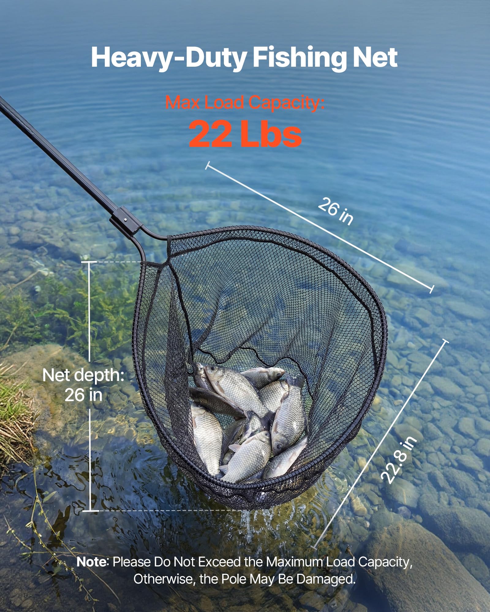 VEVOR Retino da Pesca con Asta Telescopica, Rete per Pescatori Lunghezza Asta 960 mm Antiscivolo, Fibro di Carbonio PVC Rivestito in Nylon, Retino da Pesca Carico max 10 kg da Stagni Lago Kayak Barche