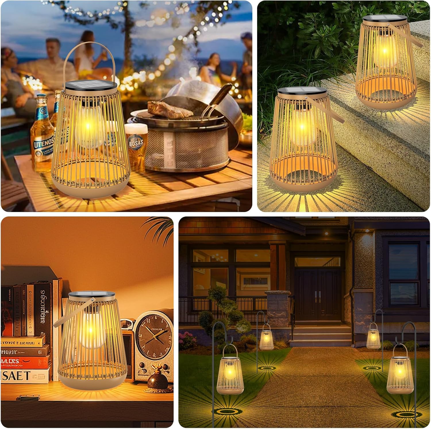 Solar Lights Outdoor Waterproof Garden Decor Lantern Hanging Lamp with Handle,Unique Ideas Rattan LED Lanterns for Decorations Patio Lawn Tabletop Pathway 4 Pack