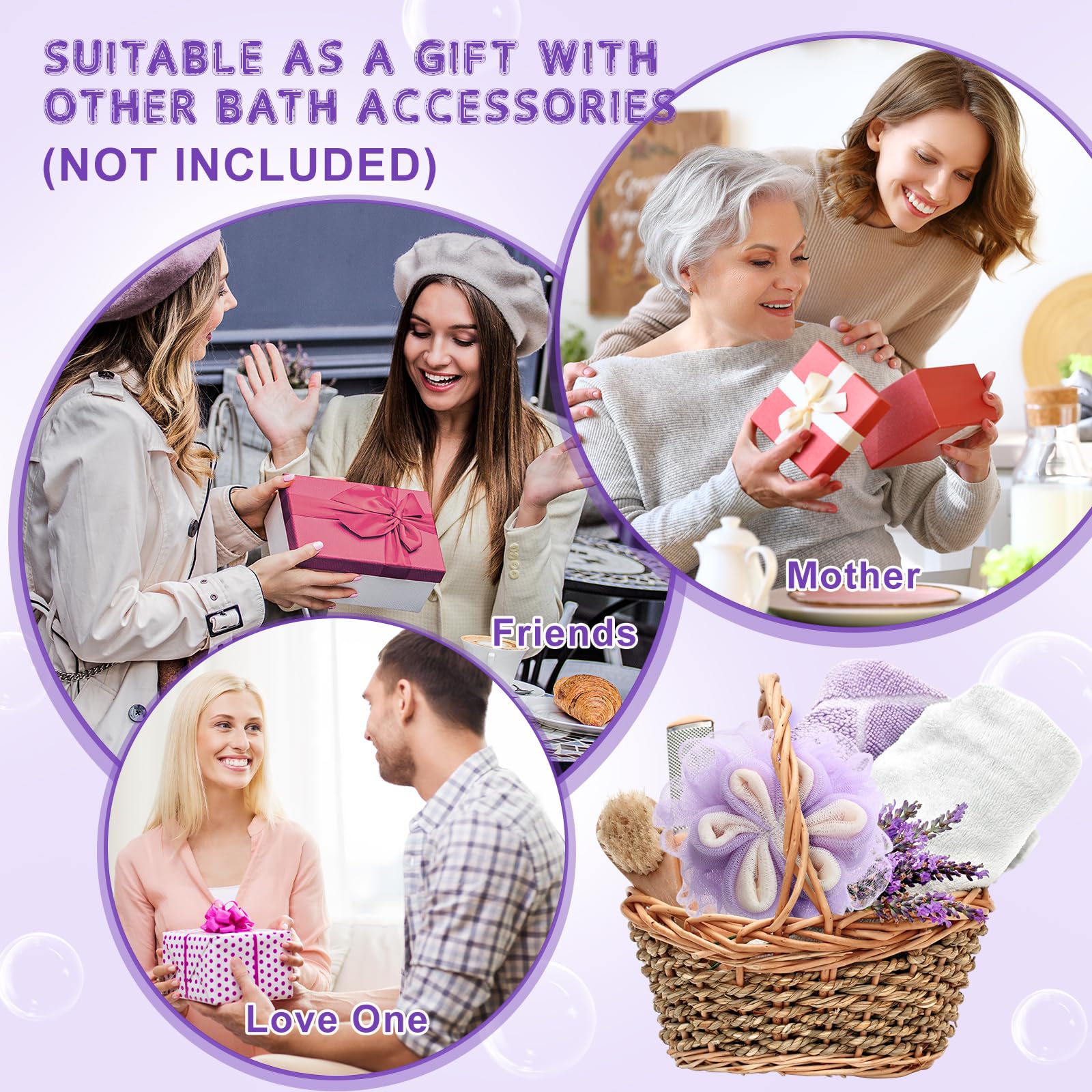 FuWeave 6 esponjas exfoliantes de lufa morada, 50 g, forma de flor, para ducha, esponjas, esponjas de ducha, esponjas de malla, esponja de lavado corporal para mujeres, regalos de baño, regalos de spa