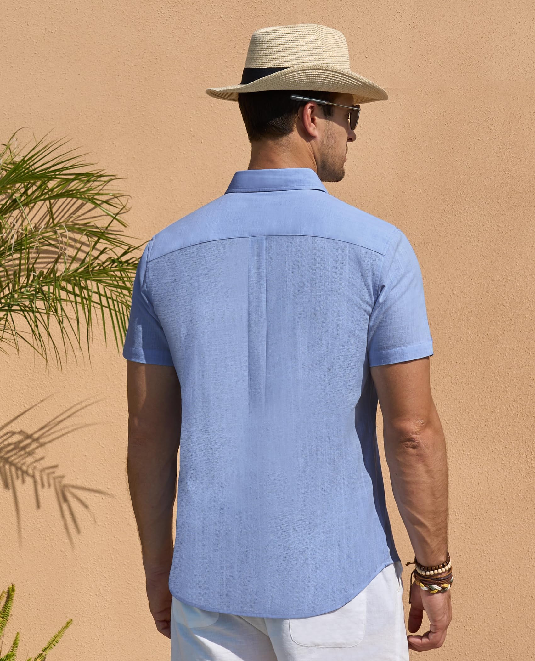 DEMEANOR Camicie di lino da uomo a maniche corte con bottoni, camicie estive da spiaggia, casual, in lino, con bottoni, per vacanze e matrimoni | Misto lino e cotone, leggero, senza tasca, aderente, camicia con bottoni, alla moda, vacanze, matrimonio, res