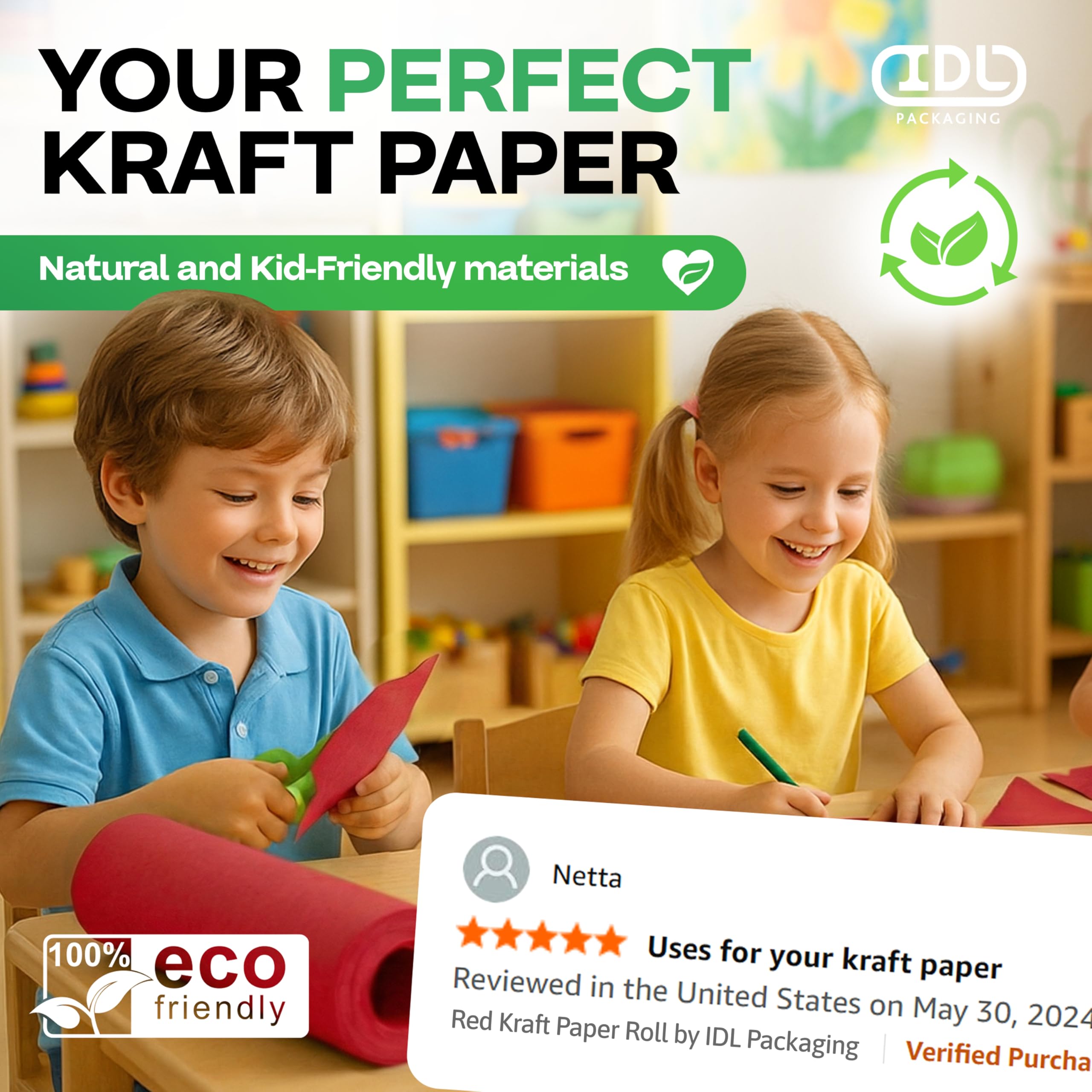 IDL Packaging Lot de 2 rouleaux de papier kraft rouge de 30,5 x 3048 cm – Fabriqué aux États-Unis pour emballage cadeau, loisirs créatifs pour enfants, projets scolaires – 100 % recyclé, matériau