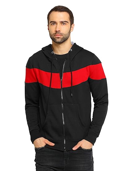 Men's Color Block Fullsleeve Hooded Black Cotton Sweatshirt