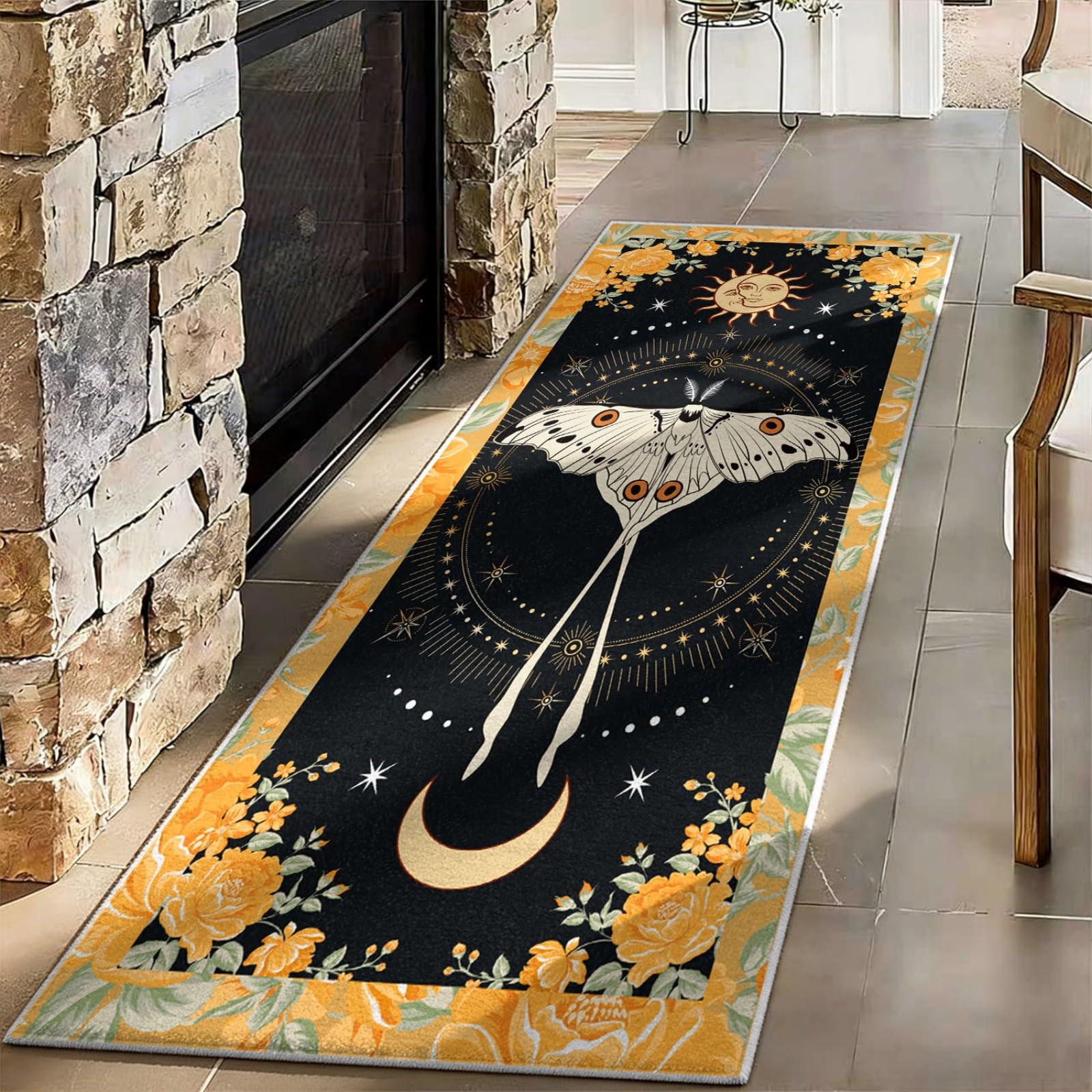 WAOTMN Insect Print Black Entryway Runner Rugs 120x170cm Washable Non Slip Runners for Hallway,Nature Fantasy Moth,Floral Sun,Moon Whimsical Indoor Decor Dirty-Resistant Kitchen Runner Mat
