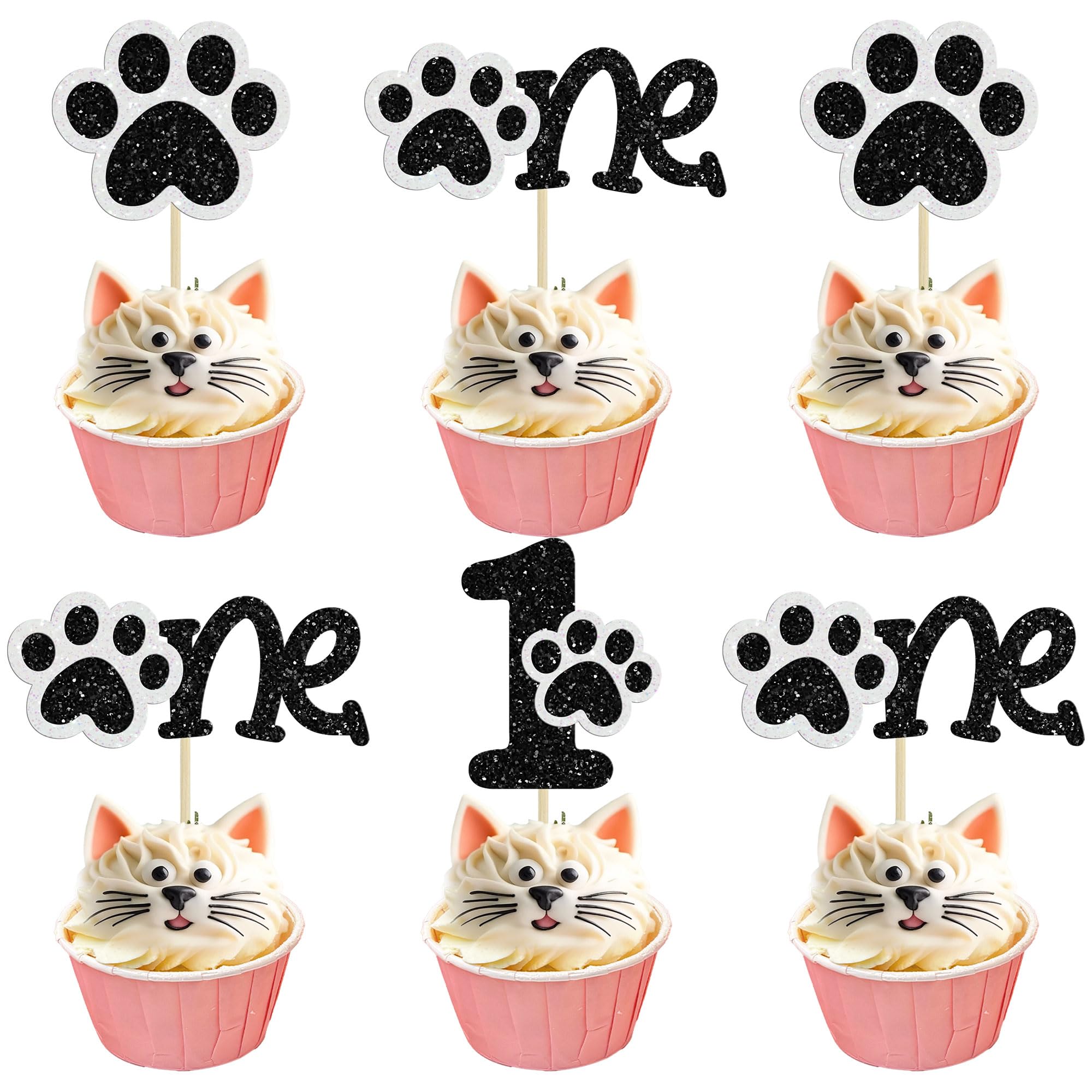 Gyufise 24Pcs Dog Paw One Cupcake Toppers Glitter 1st Birthday Party Cupcake Picks Decorations for Puppy Dog Theme Baby Shower Kids First Birthday