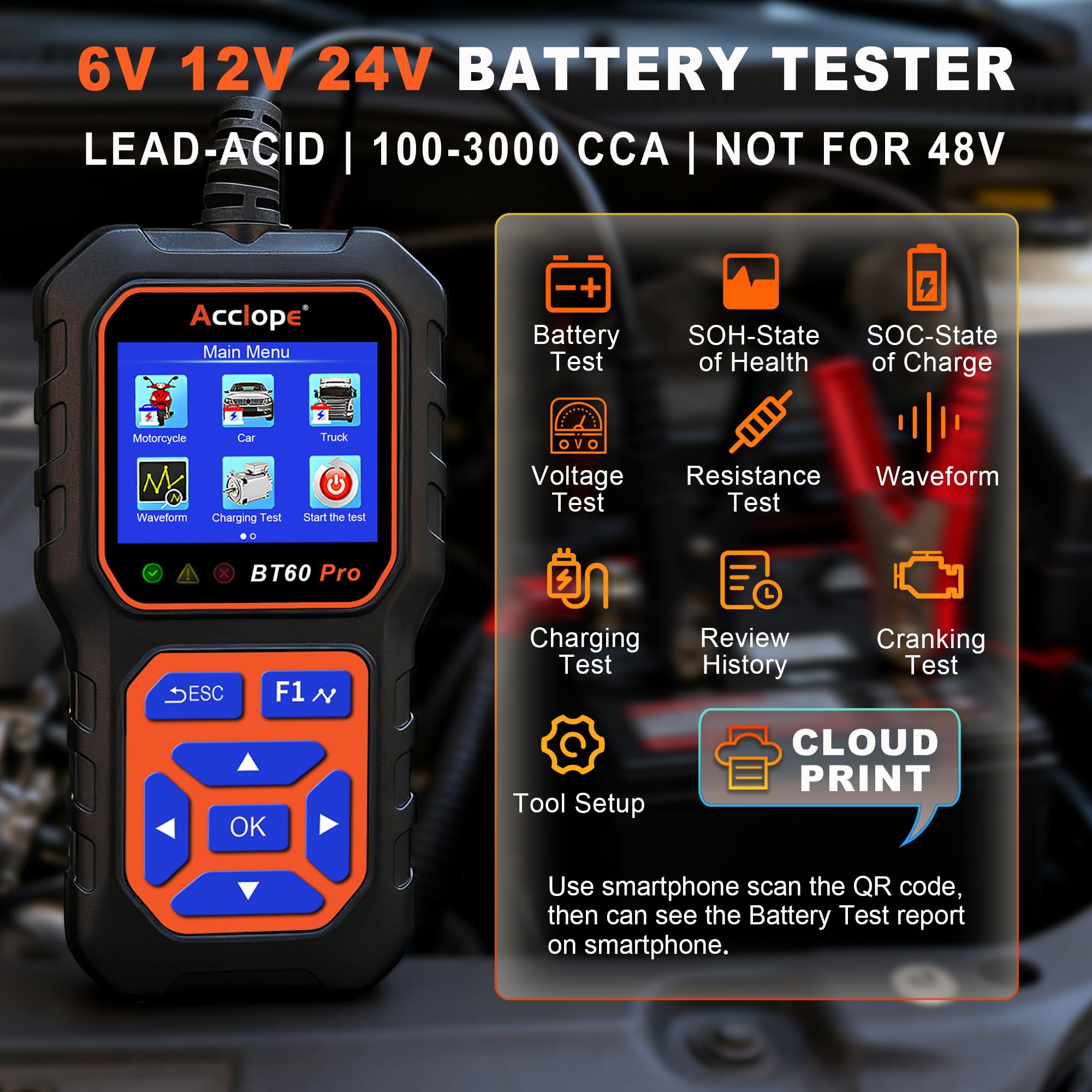 BT60 Pro 100-3000 CCA Comprobador de Baterías con Impresión en la Nube 6V 12V 24V AGM Litio Gel Analizador Digital Alternador Sistema de Carga y Arranque para Vehículos Camiones Motocicletas