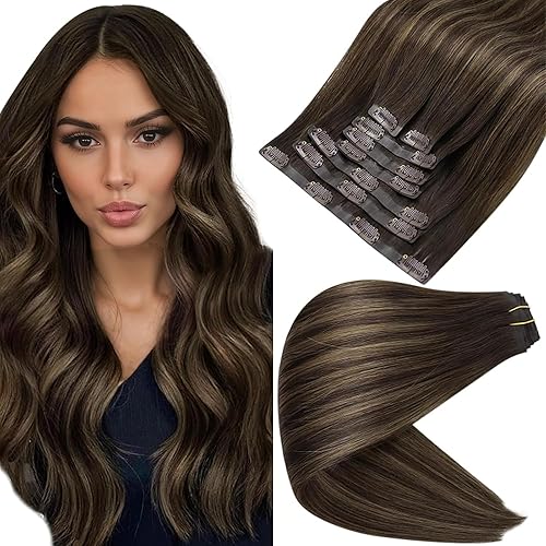Full Shine Extensiones de cabello humano con clip de 22 pulgadas, sin costuras, con raíces castañas ombré, marrón ceniza, extensiones de cabello