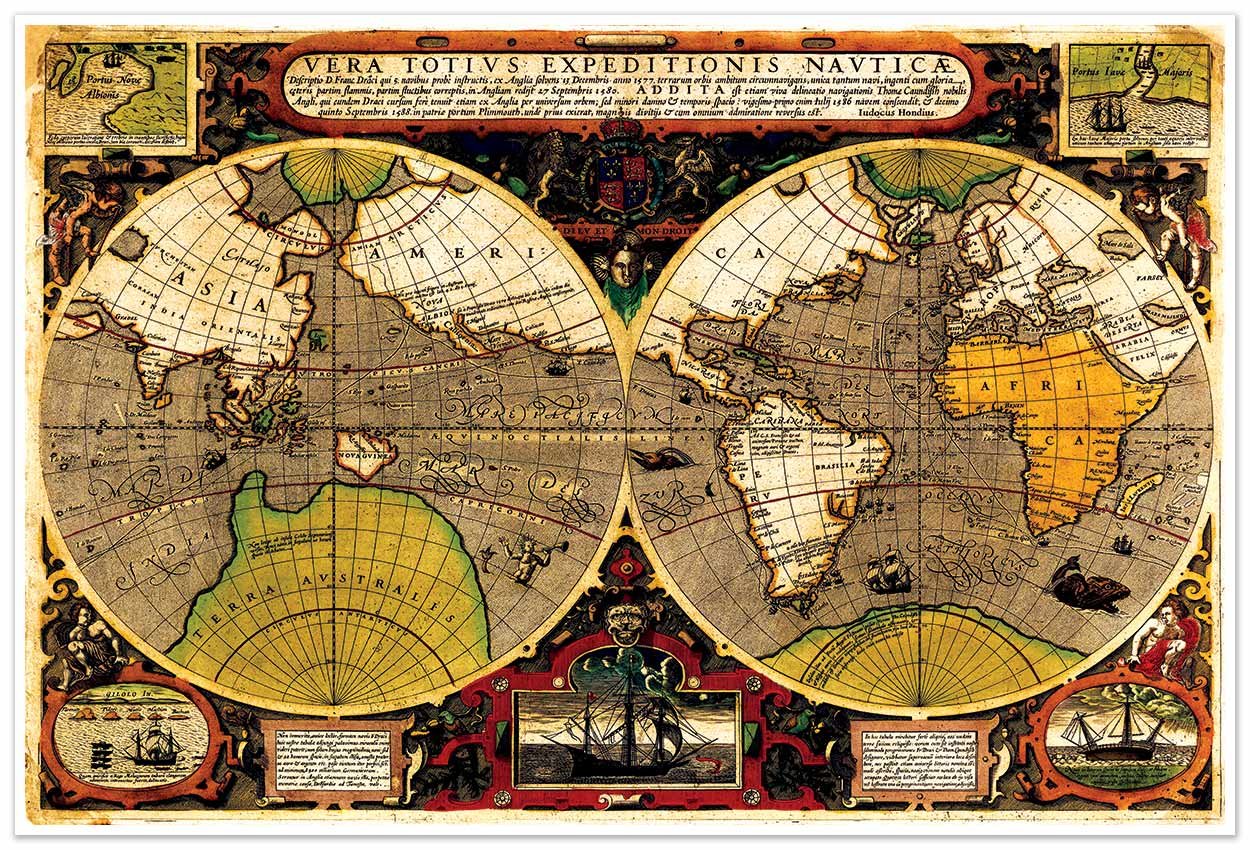 Antiguos Maps Old World Exploration by Sir Francis Drake circa 1595 | Vera Totius Expeditionis Nautica | Nautical Art Print Poster Vintage Wall Decor | 24 x 36 inches (610 x 915 mm)