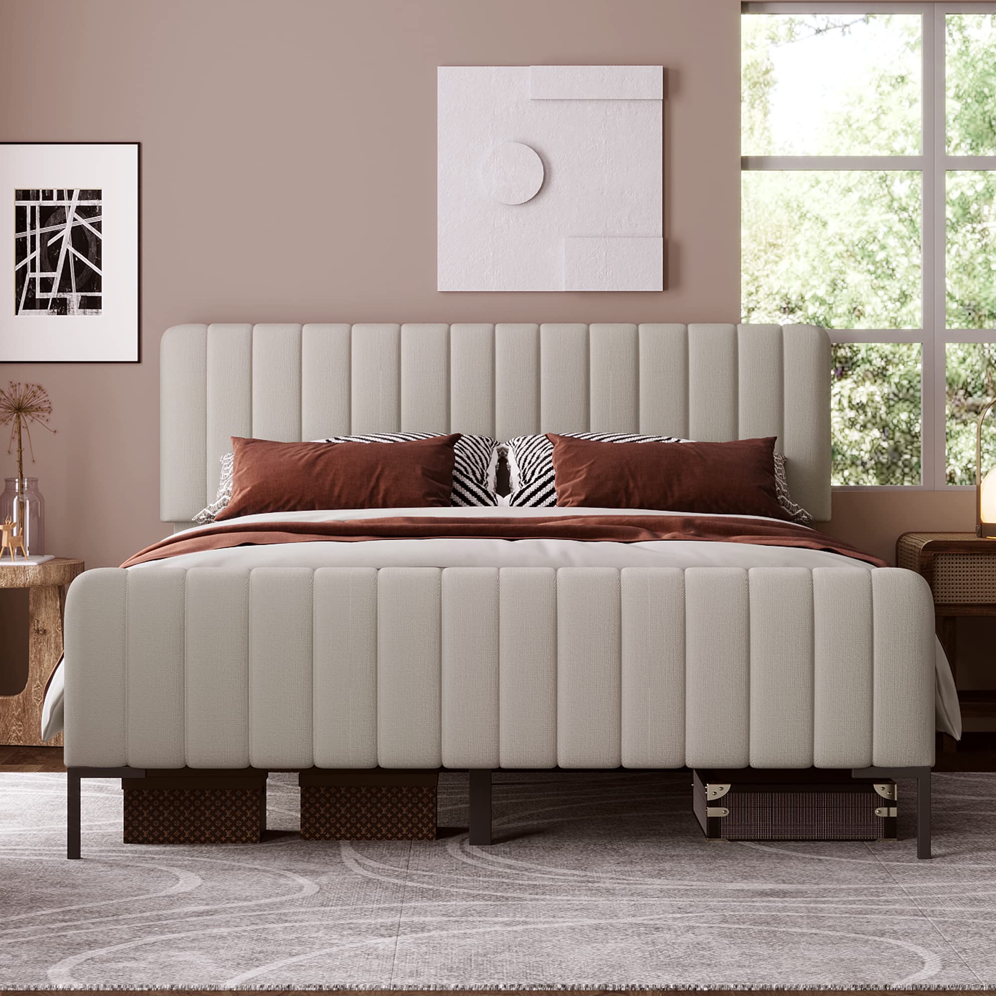 Kayan Polsterbett Doppelbett 180 x 200 cm, Bettgestell mit Lattenrost und Verstellbares Kopfteil, Lattenrost aus Holz, Leinen, Gepolstertes Bett in Beige&Grau (180 x 200 cm)