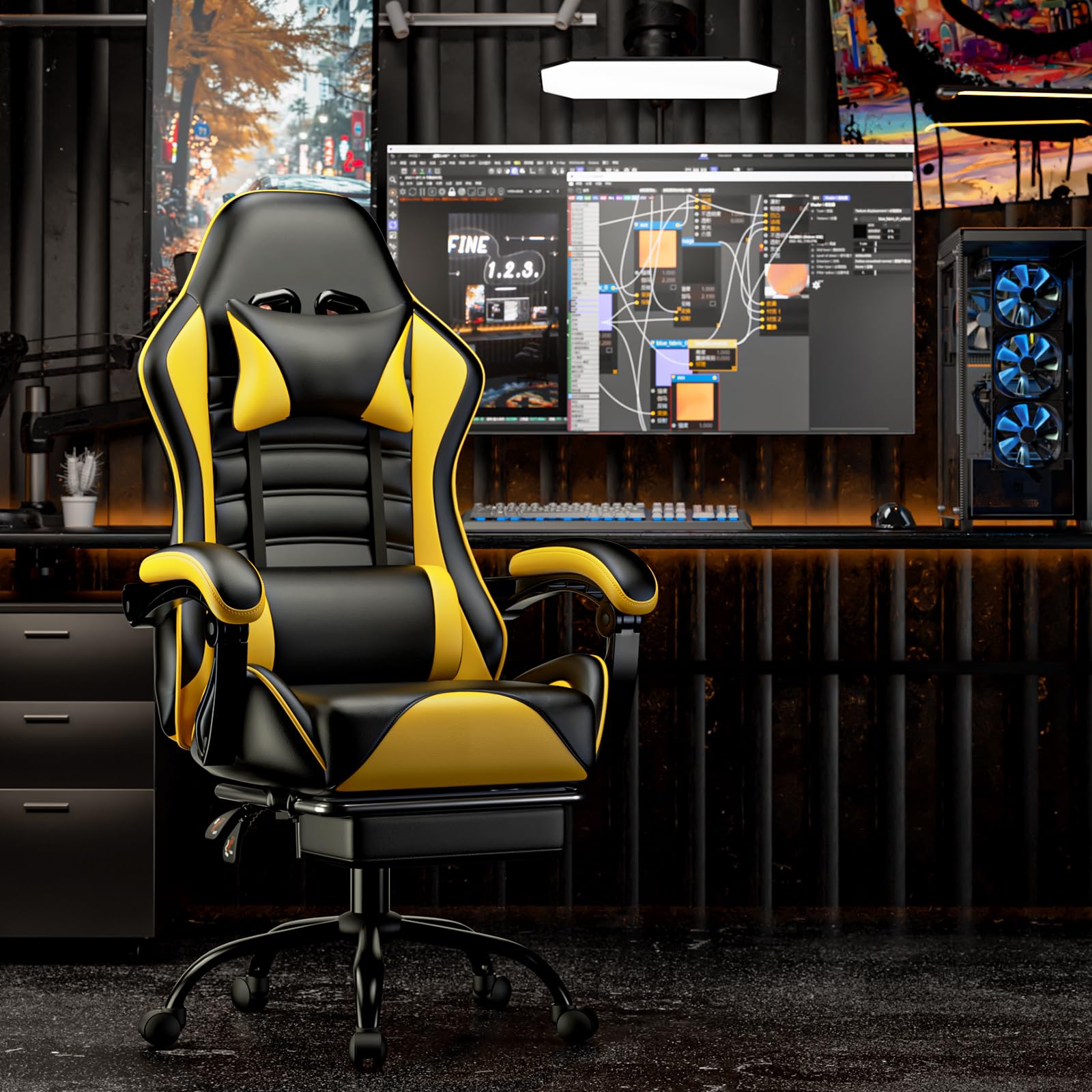 Silla de Juego con reposapiés,Silla y Mesa de Juego Ajustable en Altura,Silla de Juego para Adultos con Soporte Lumbar,Silla de Ordenador de Cuero sintético (Amarillo)