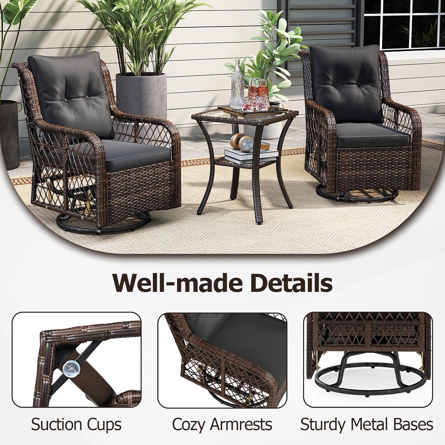 Tangkula 3 Pieces Outdoor Swivel Rocker Set, Rattan Wicker Patio Rocking Cushioned Chairs Set of 2 with Small Side Table, for Backyard, Poolside, Balcony, Lawn, Deck