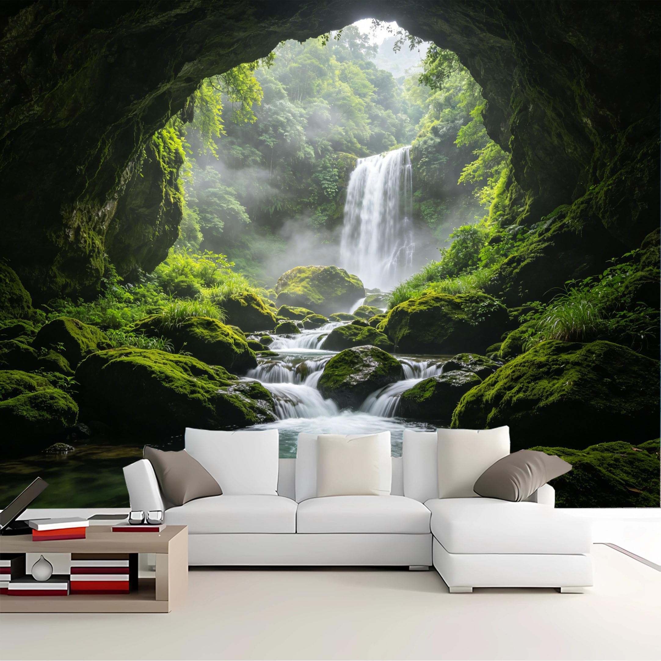 Custom Size Wall Mural Cave View Mossy Waterfall Stream Removable Self Adhesive Peel and Stick Wallpaper for Bedroom Living Room Dining Room