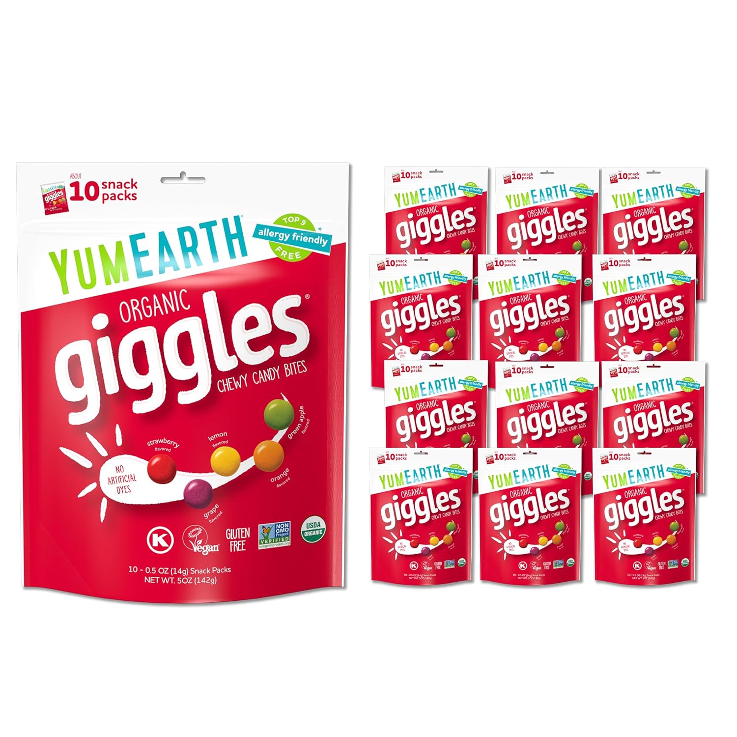 YumEarth Organic Giggles Chewy Candy – Allergy Friendly, No Artificial Dyes, Non GMO, Gluten Free, Fruit Flavored, Vegan Candy Snacks 0.5 oz (Pack of 120)​