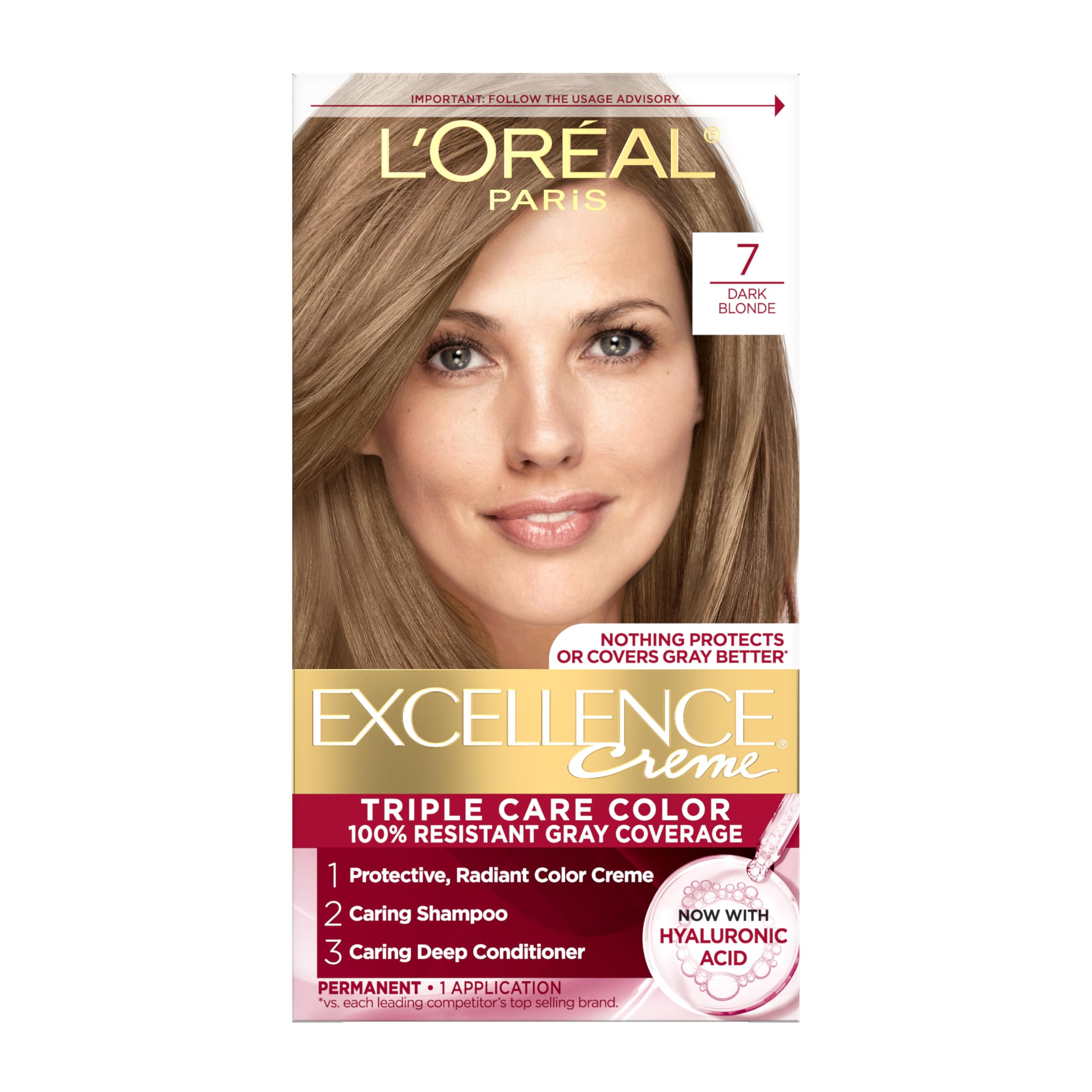 L’Oréal Paris Excellence Creme Permanent Triple Care Hair Color, 7 Dark Blonde, Gray Coverage For Up to 8 Weeks, All Hair Types, Pack of 1