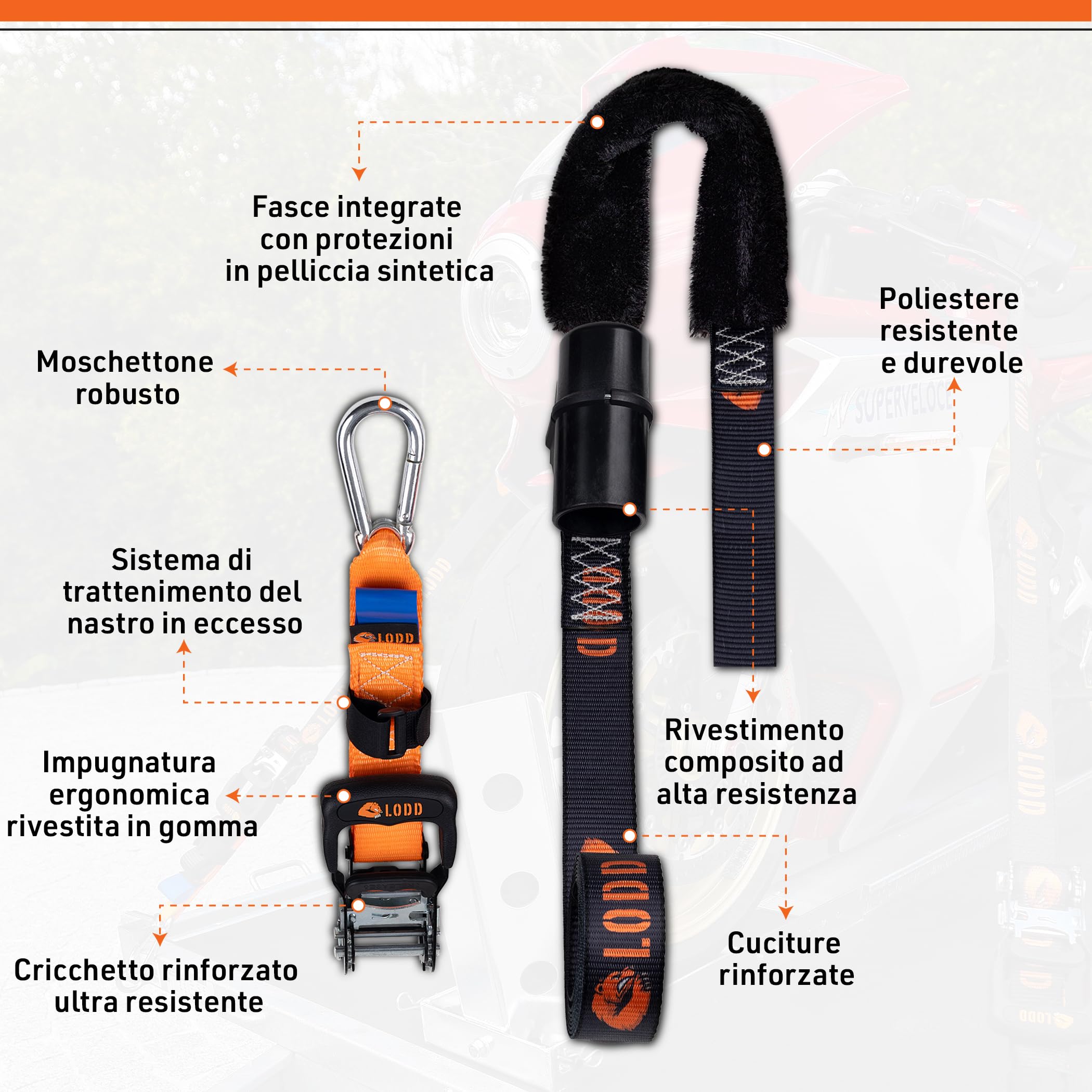 LODD – Cinghie Moto, Ancoraggio al Manubrio con Manicotti Compositi Rinforzati, 38 mm, 1100 kg, Moschettoni in acciaio, Rimorchio, Stradali & sportive (Cricchetti/Manicotti rigidi)